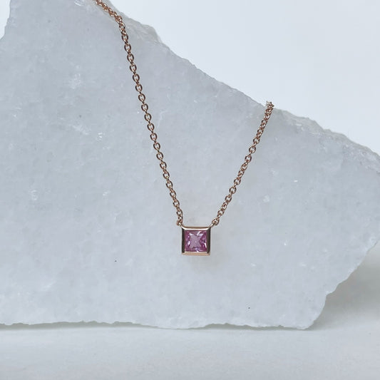 14K Solid Gold Genuine Pink Sapphire Square Necklace