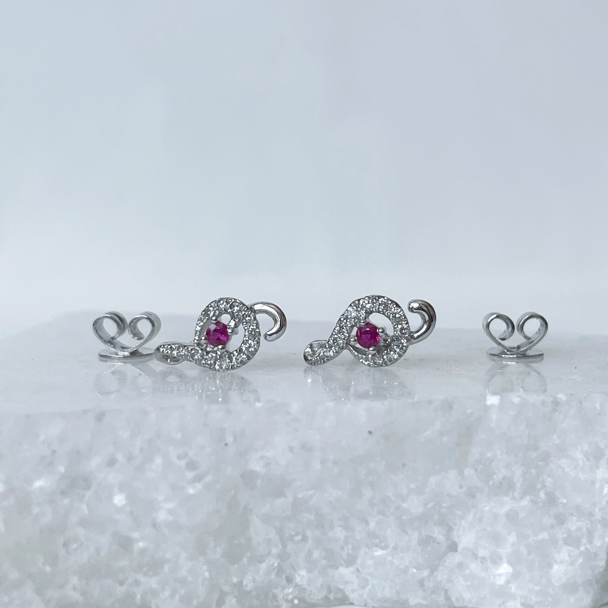 18K Solid Gold Genuine Ruby and Diamond Treble Clef/Music Note Studs/Pair