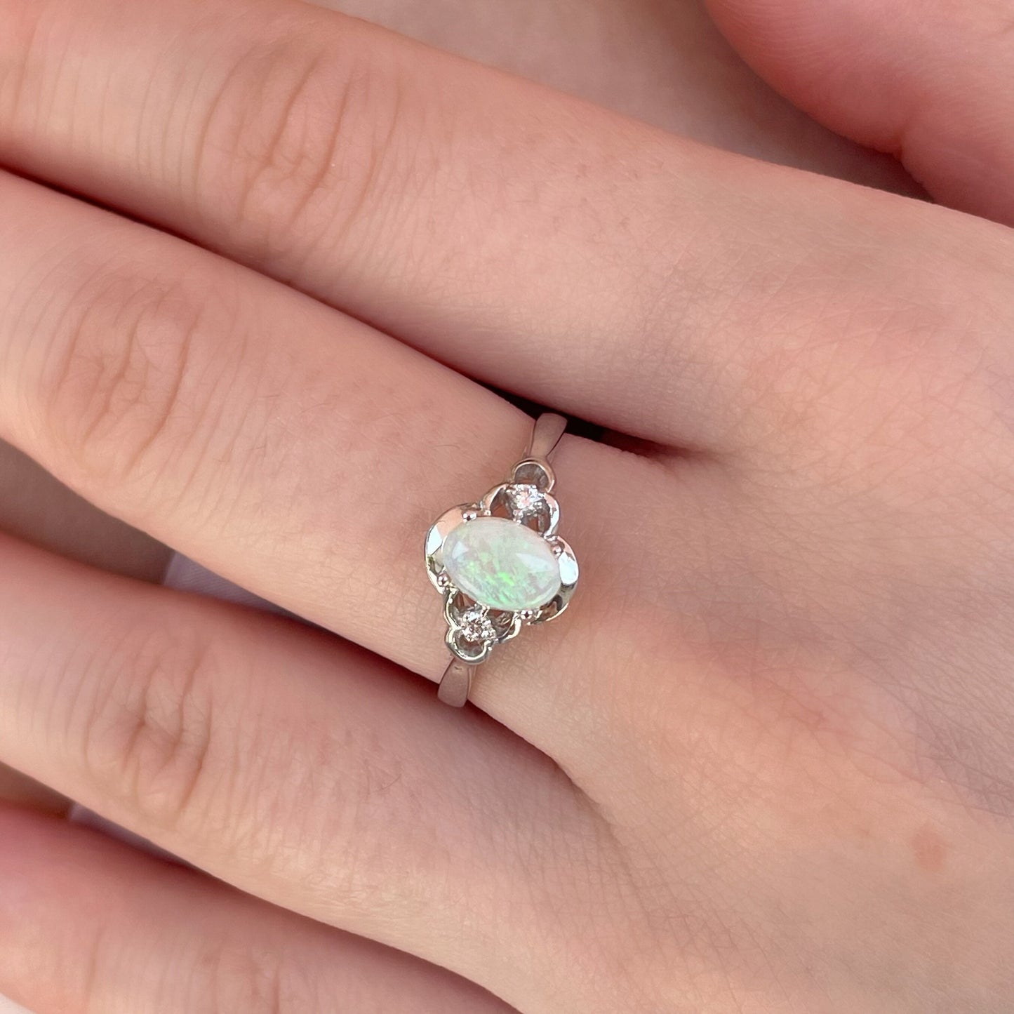 14K Solid Gold Genuine Opal and Diamond Ring
