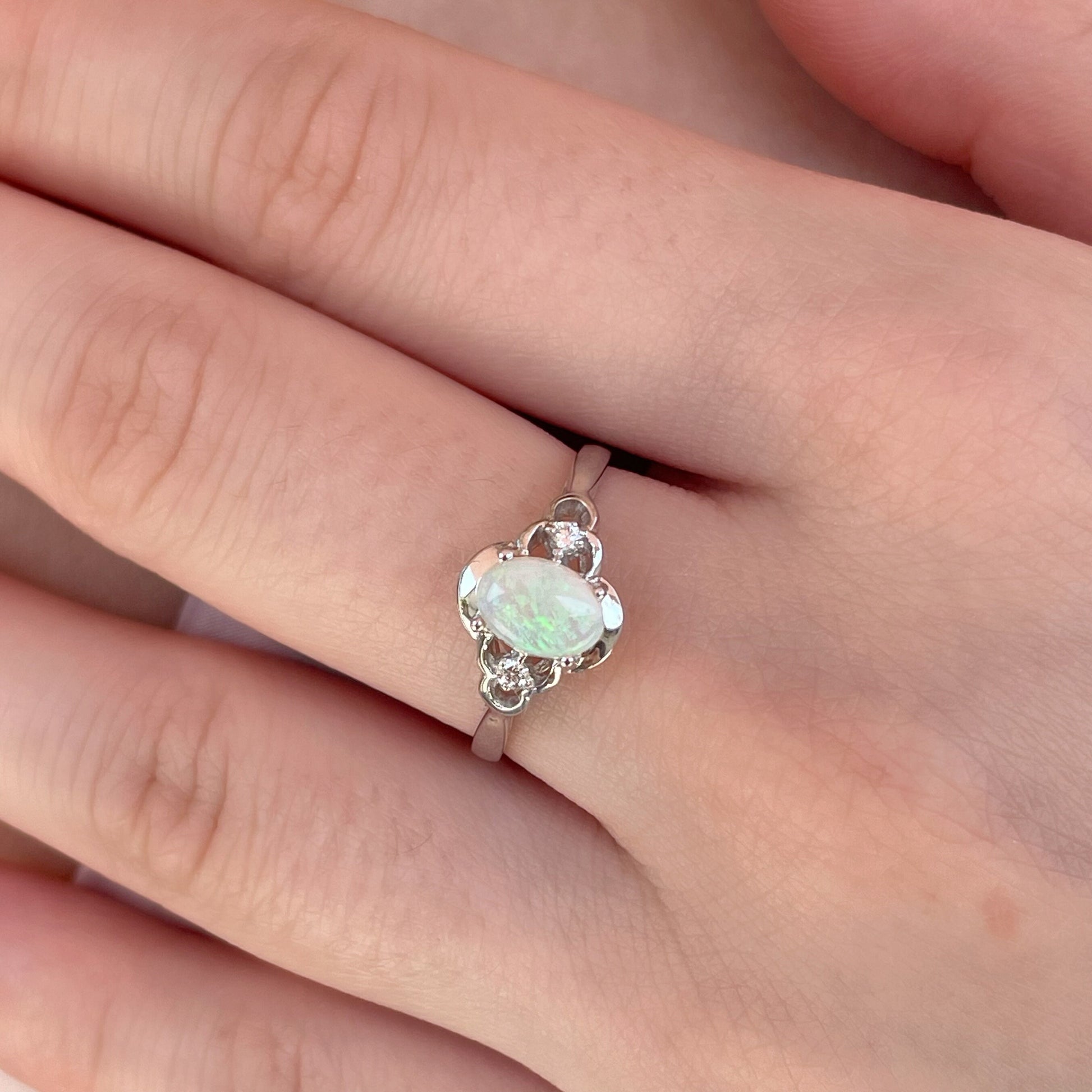 14K Solid Gold Genuine Opal and Diamond Ring