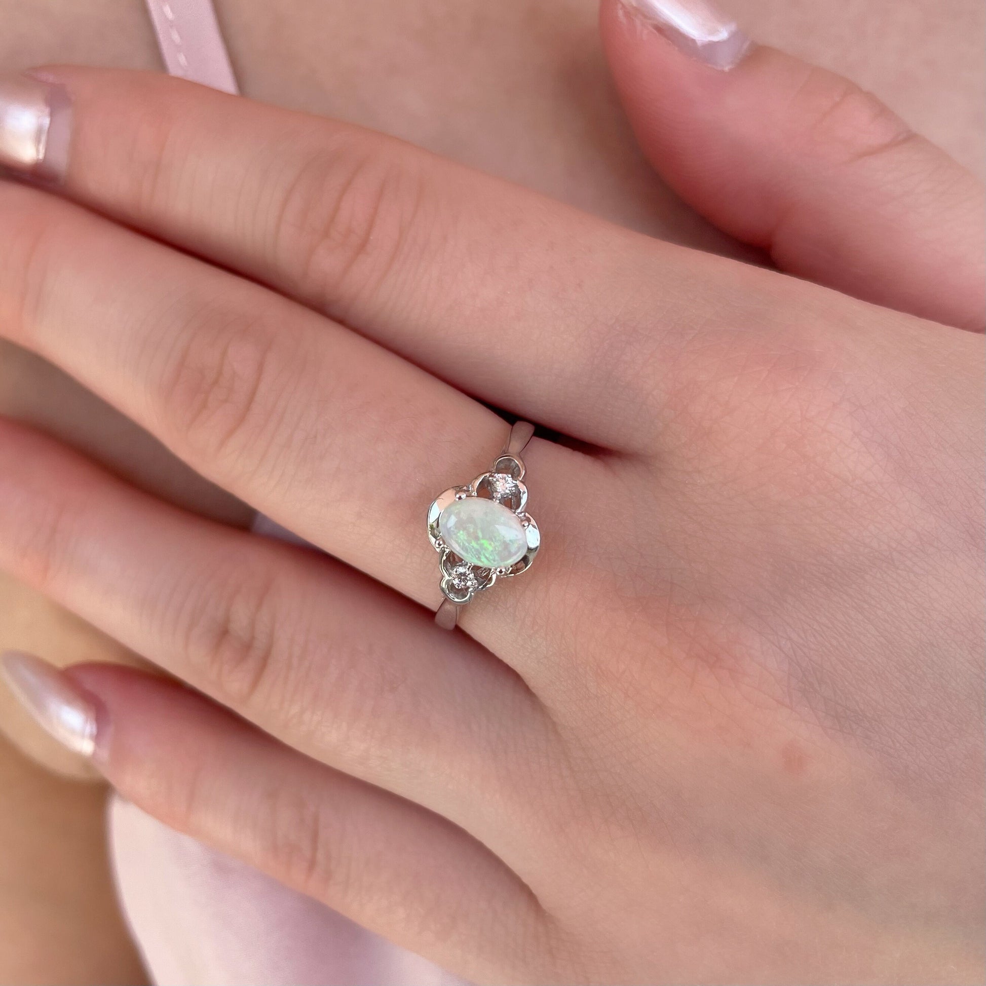 14K Solid Gold Genuine Opal and Diamond Ring