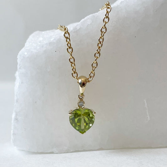 14K Solid Gold Heart Shaped Genuine Peridot Pendant/August Birthstone