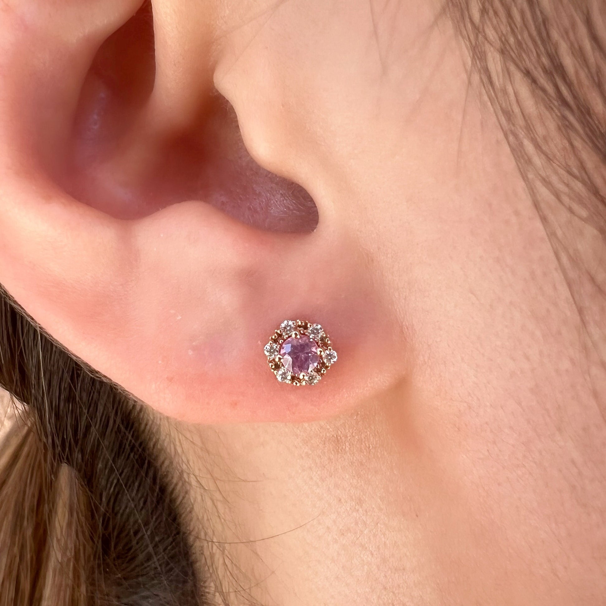 14K Solid Gold Genuine Pink Sapphire and Diamond Studs/Pair