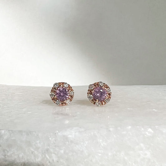 14K Solid Gold Genuine Pink Sapphire and Diamond Studs/Pair