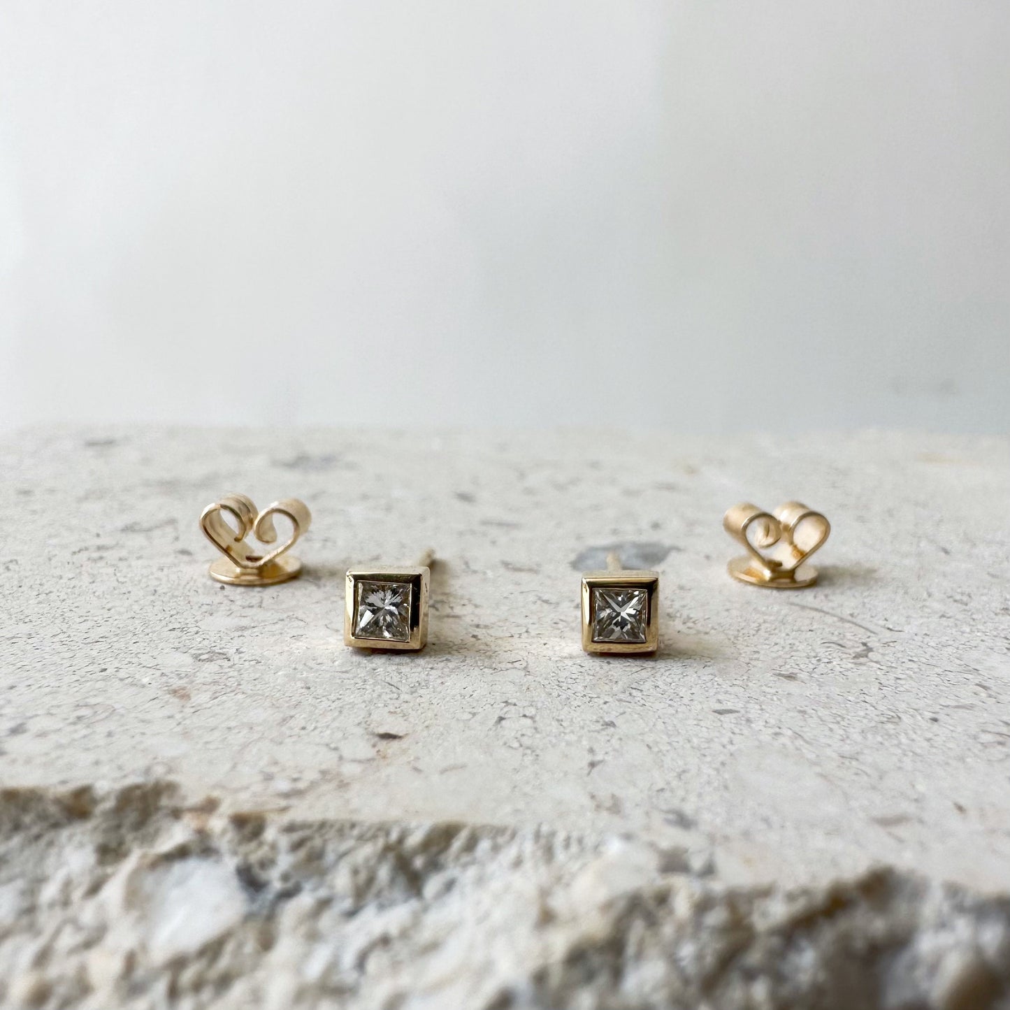 14K Solid Gold Genuine Square Diamond Bezel Studs/Pair