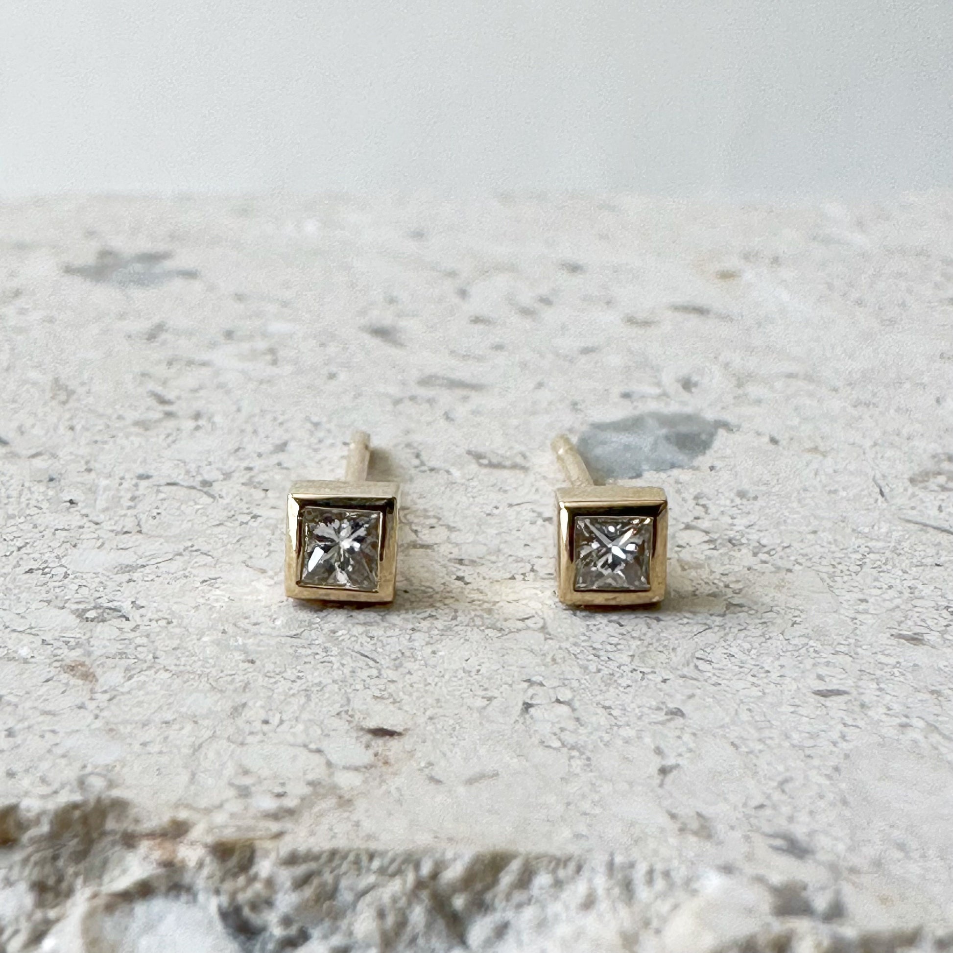 14K Solid Gold Genuine Square Diamond Bezel Studs/Pair