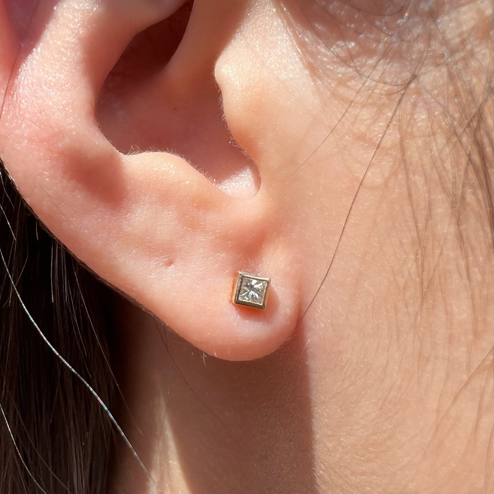 14K Solid Gold Genuine Square Diamond Bezel Studs/Pair