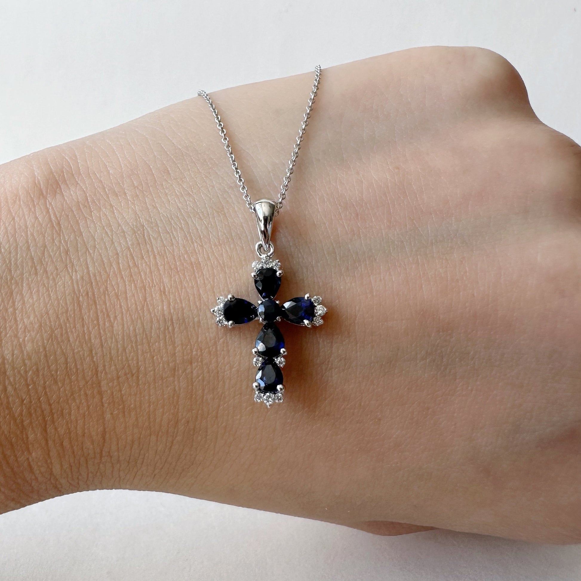14K Solid Gold Genuine Sapphire and Diamond Cross Pendant (pendant only)