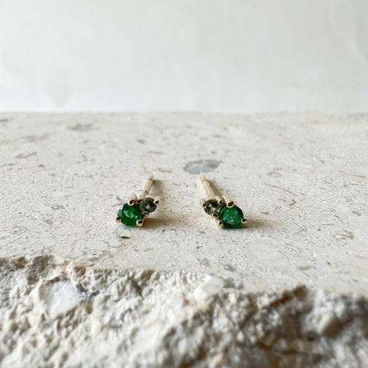 14K Solid Gold Genuine Emerald and Green Sapphire Stacked Studs/Pair