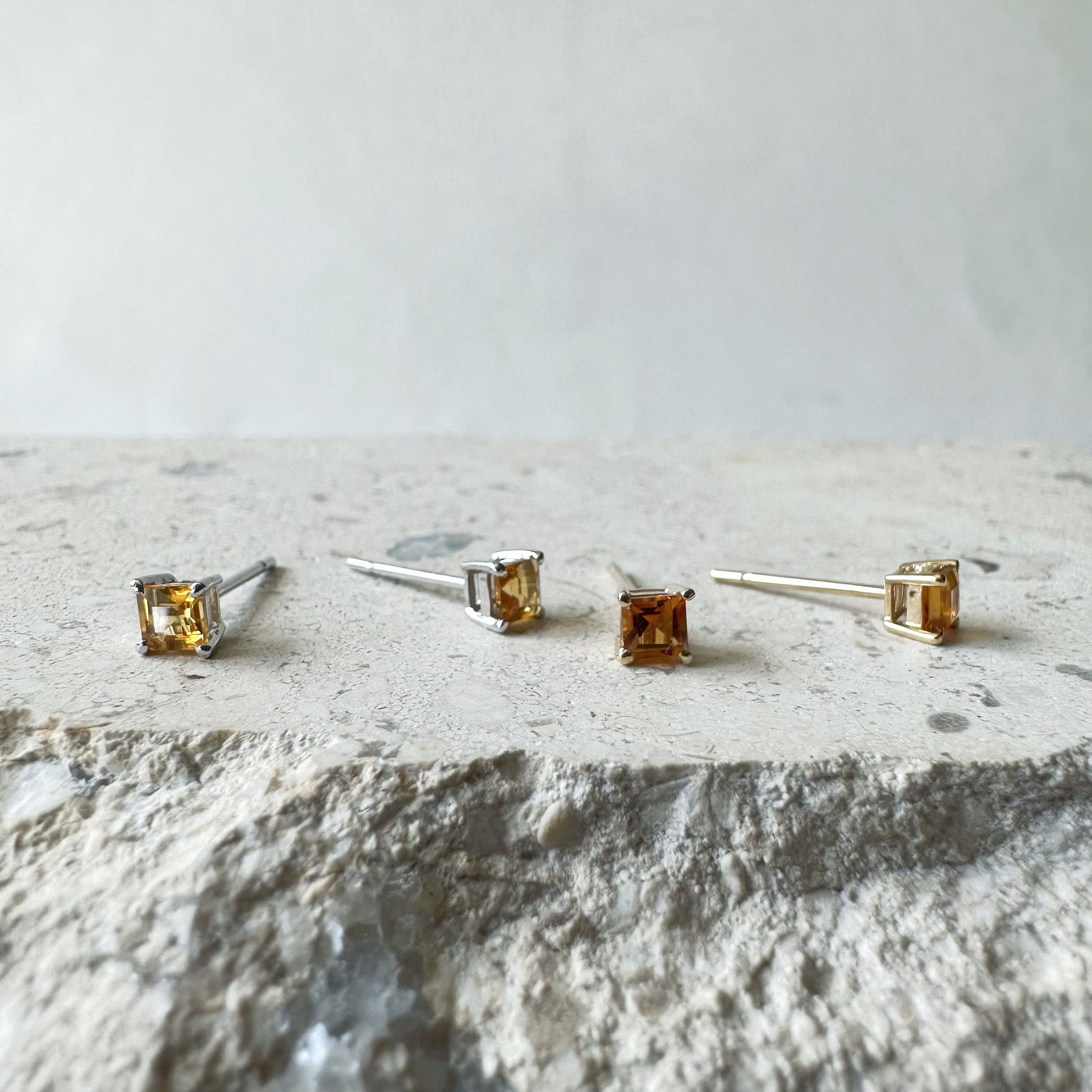 14K Solid Gold Genuine Citrine Square Studs/Pair