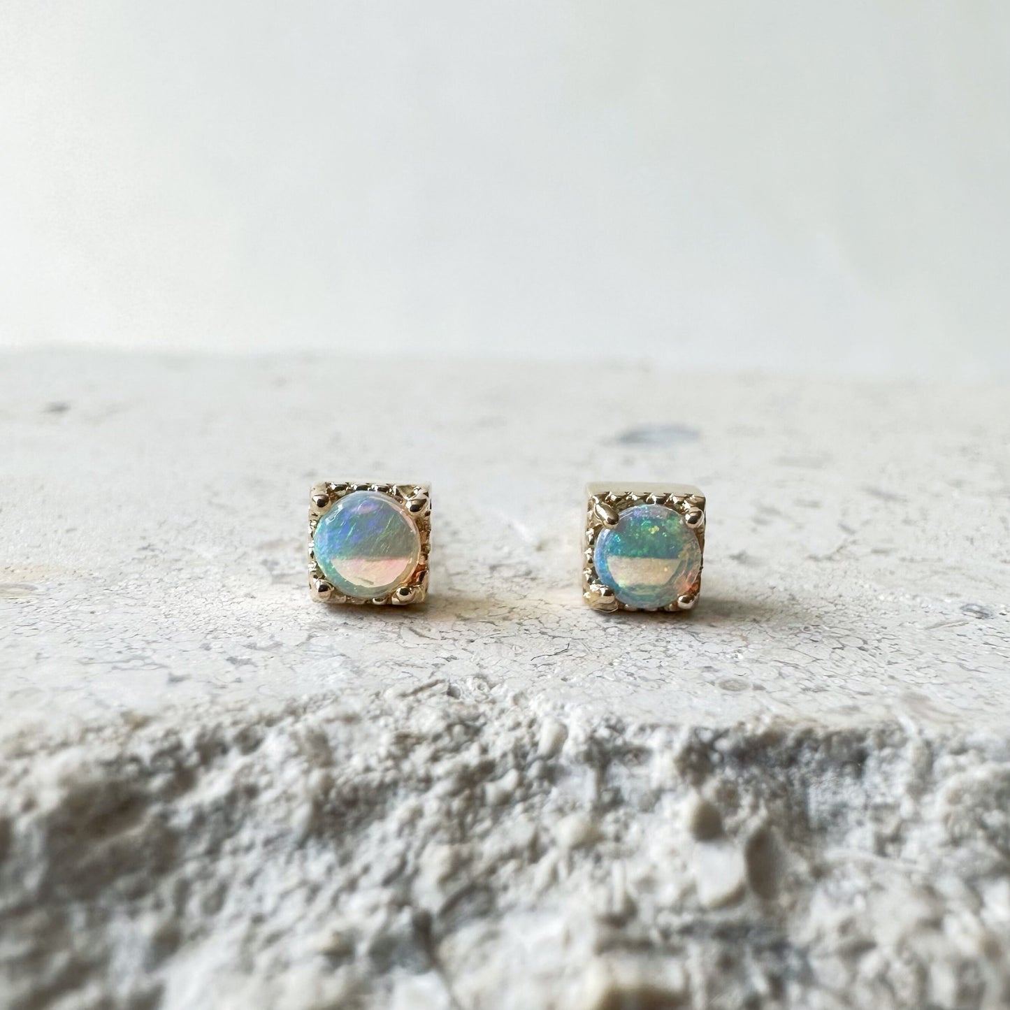 14K Solid Gold Genuine Opal Fancy Square Earring /Studs/Pair