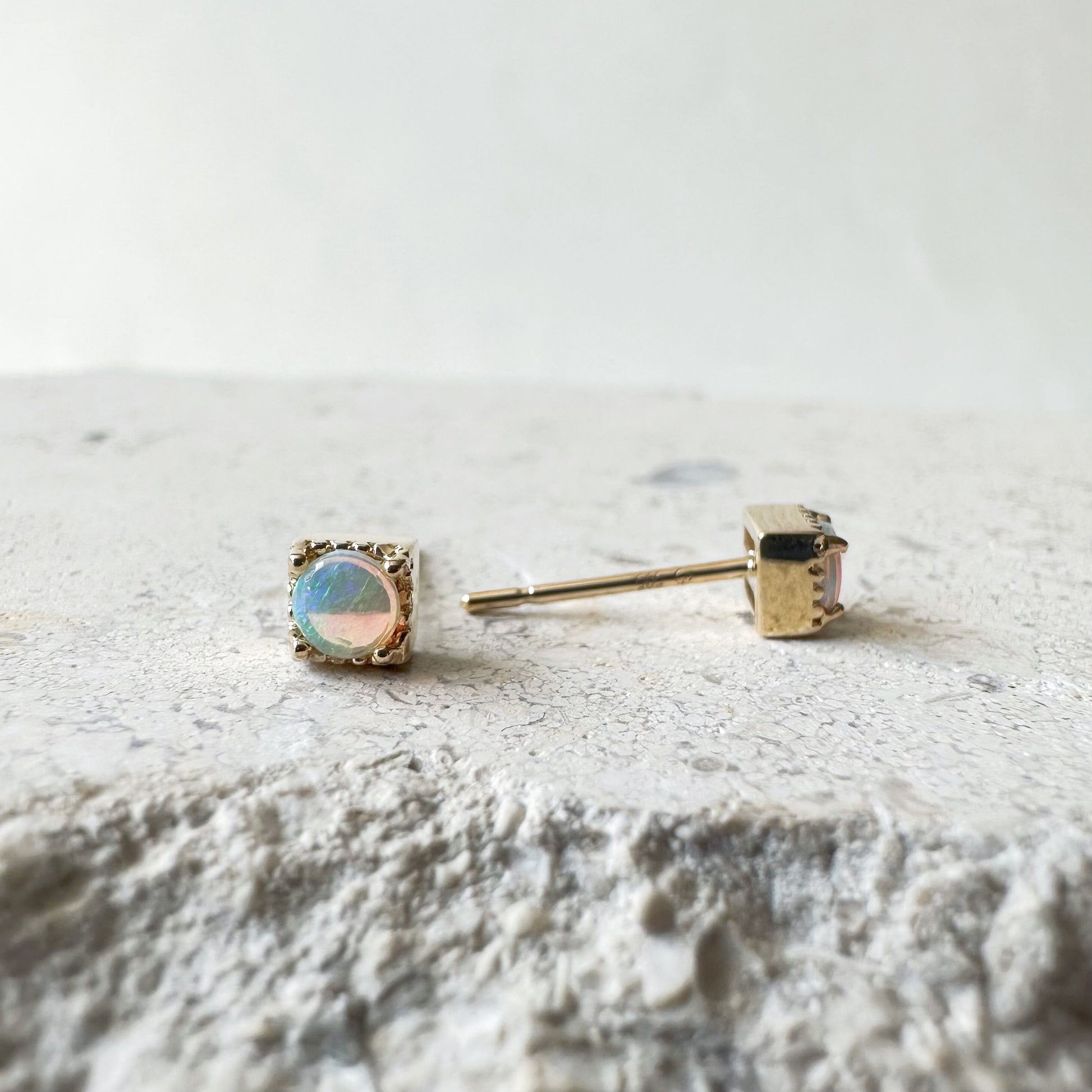 14K Solid Gold Genuine Opal Fancy Square Earring /Studs/Pair