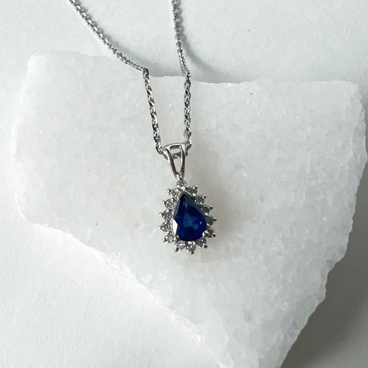 14K Solid Gold Genuine Sapphire and Diamond Teardrop Pendant (pendant only)