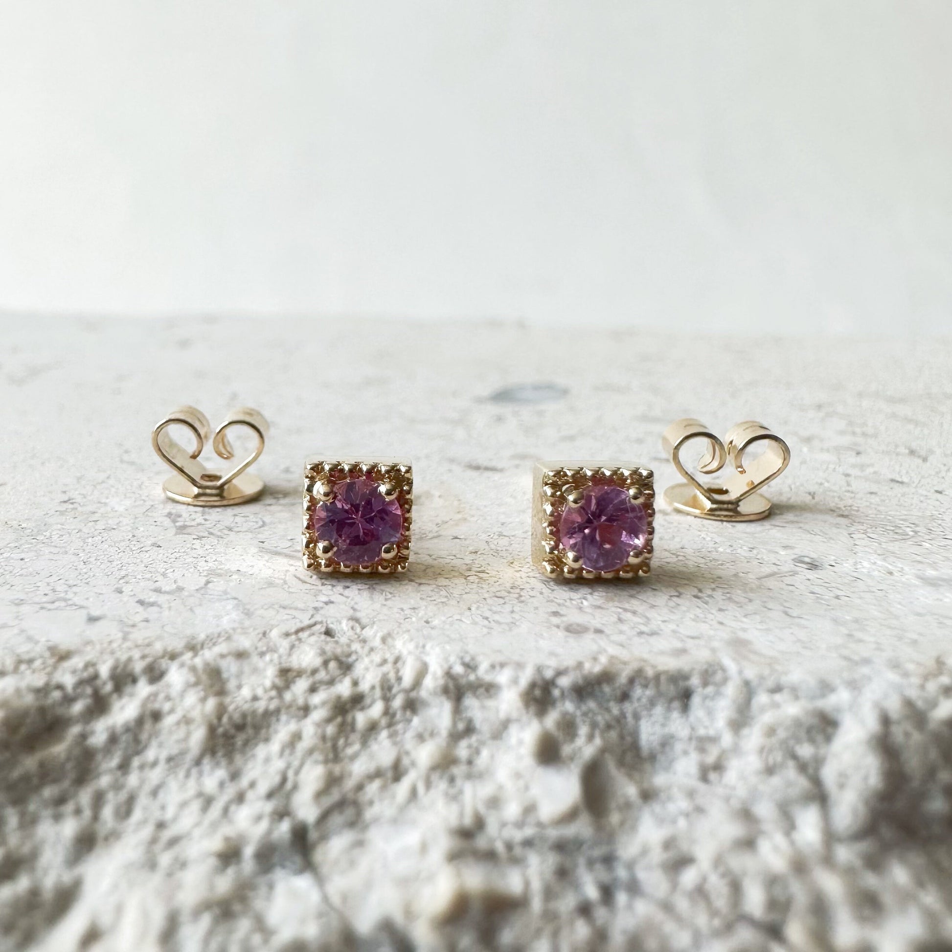 14K Solid Gold Genuine Pink Sapphire Square Studs/Pair