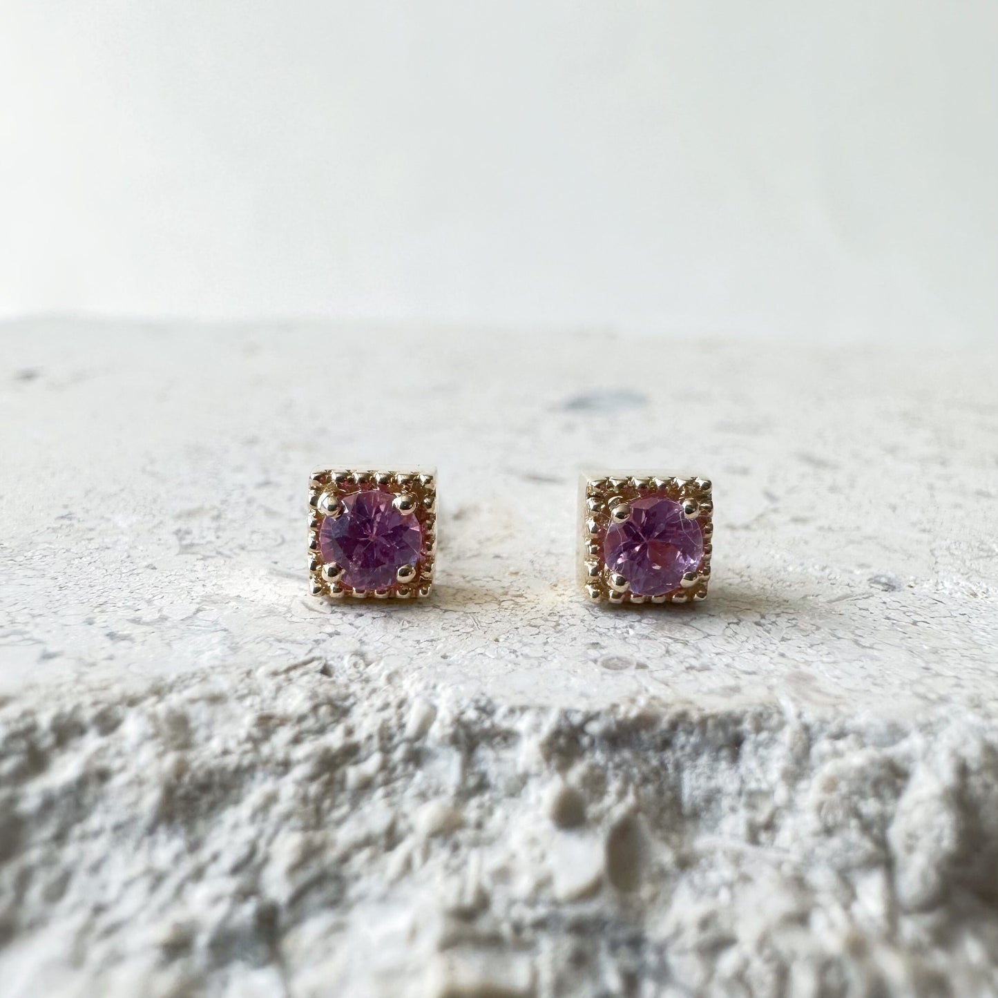 14K Solid Gold Genuine Pink Sapphire Square Studs/Pair