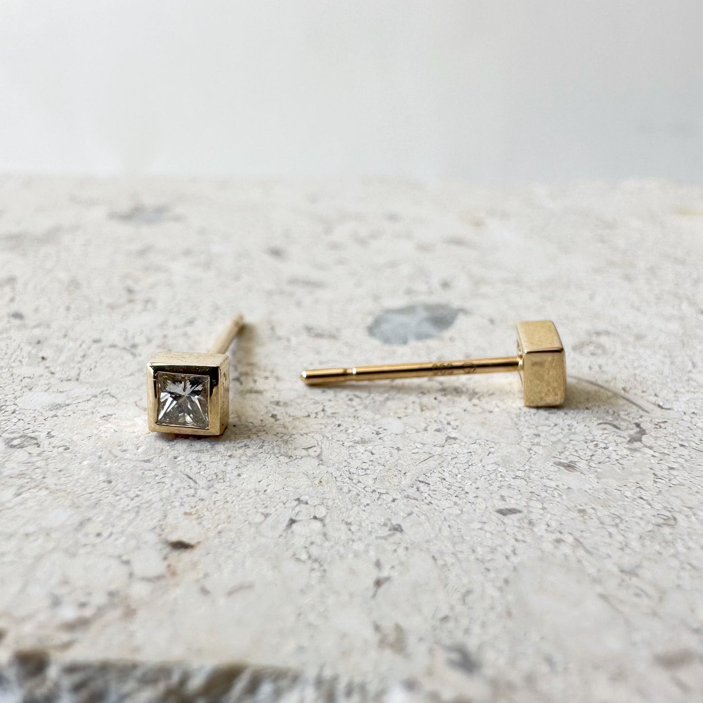 14K Solid Gold Genuine Square Diamond Bezel Studs/Pair