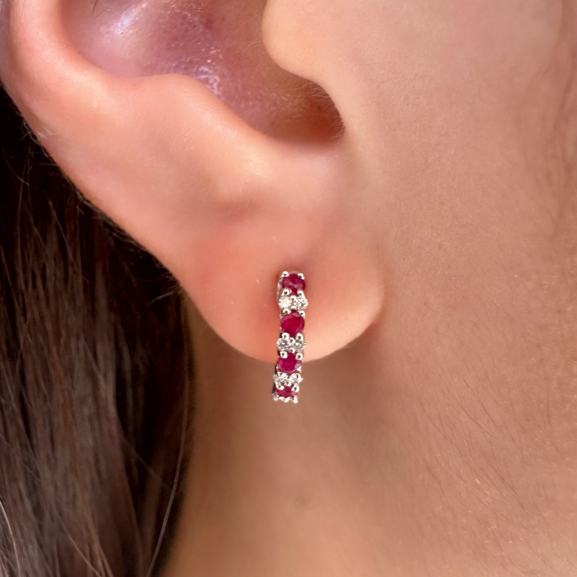 14K Solid Gold Genuine Ruby and Diamond Hoops/Pair
