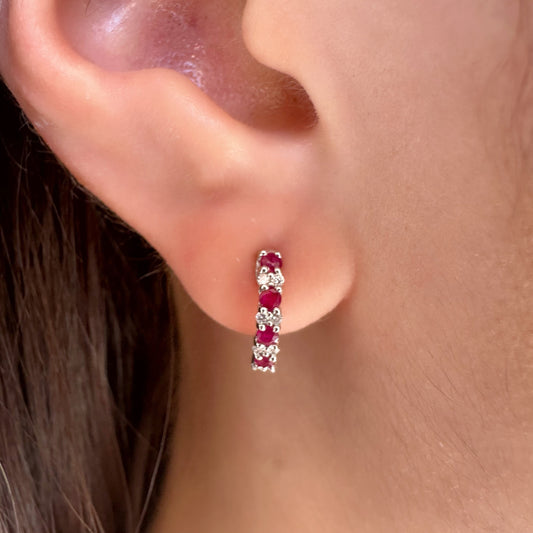 14K Solid Gold Genuine Ruby and Diamond Hoops/Pair