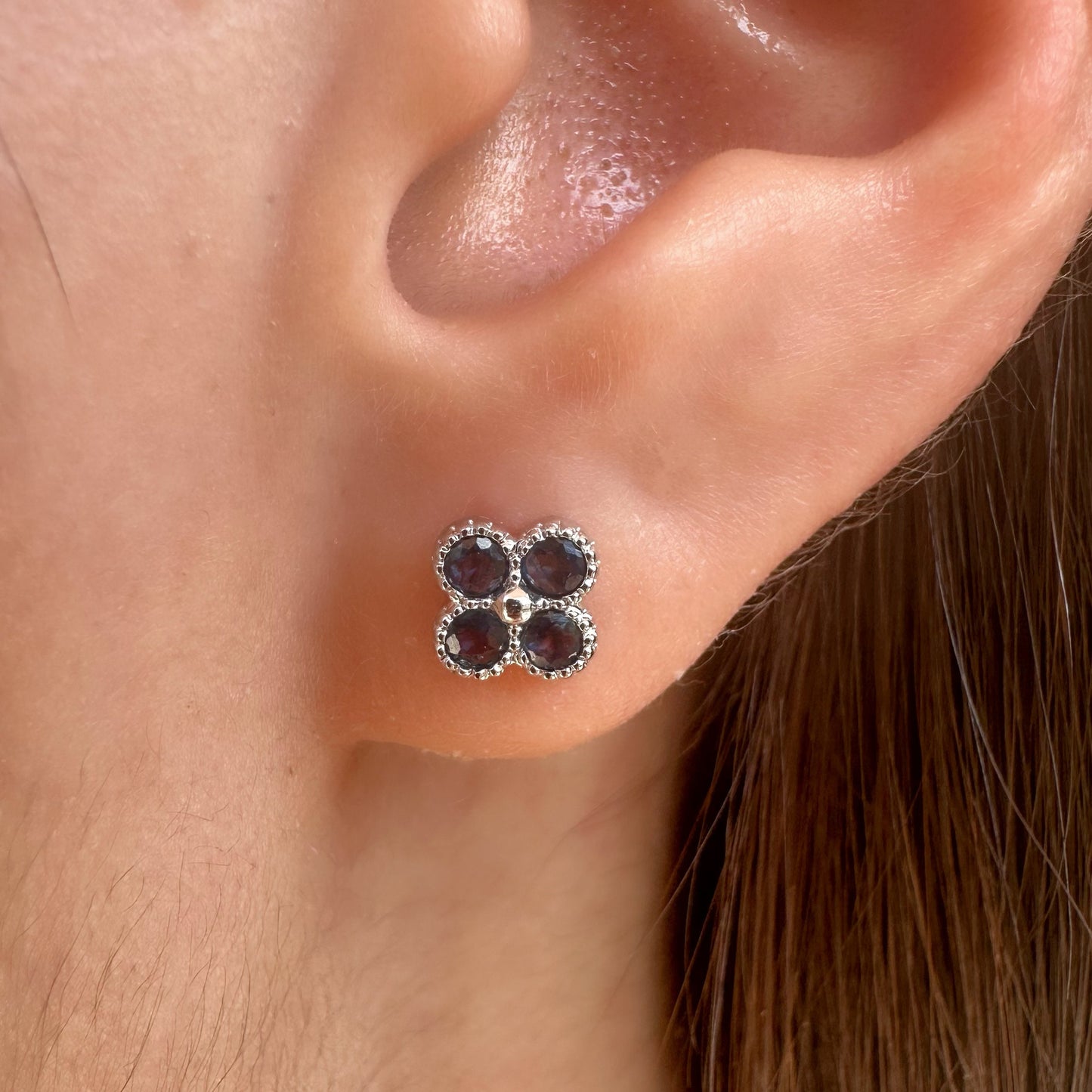 14K Solid Gold Genuine Sapphire Clover Studs/Pair