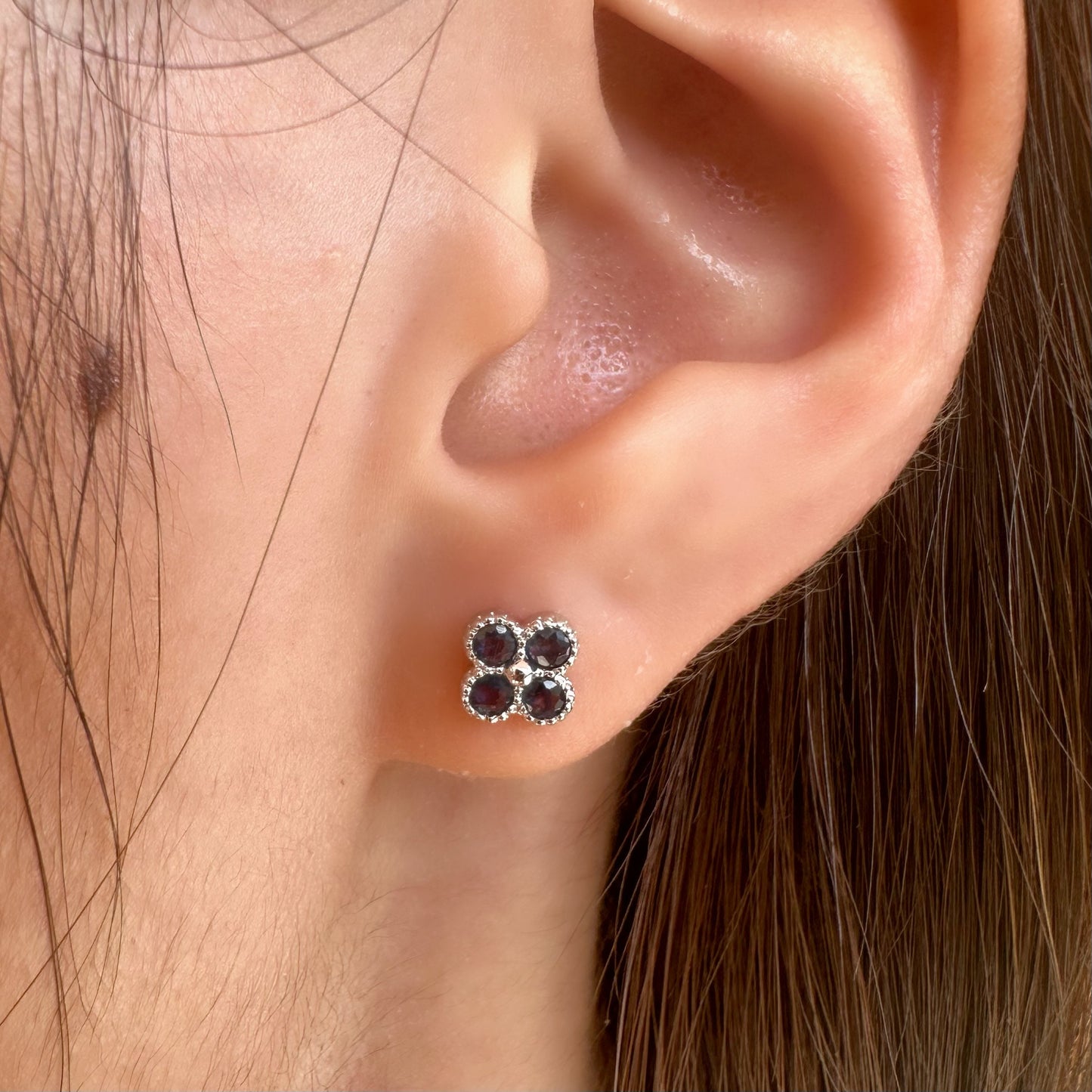 14K Solid Gold Genuine Sapphire Clover Studs/Pair