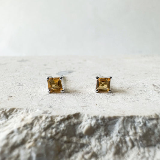 14K Solid Gold Genuine Citrine Square Studs/Pair