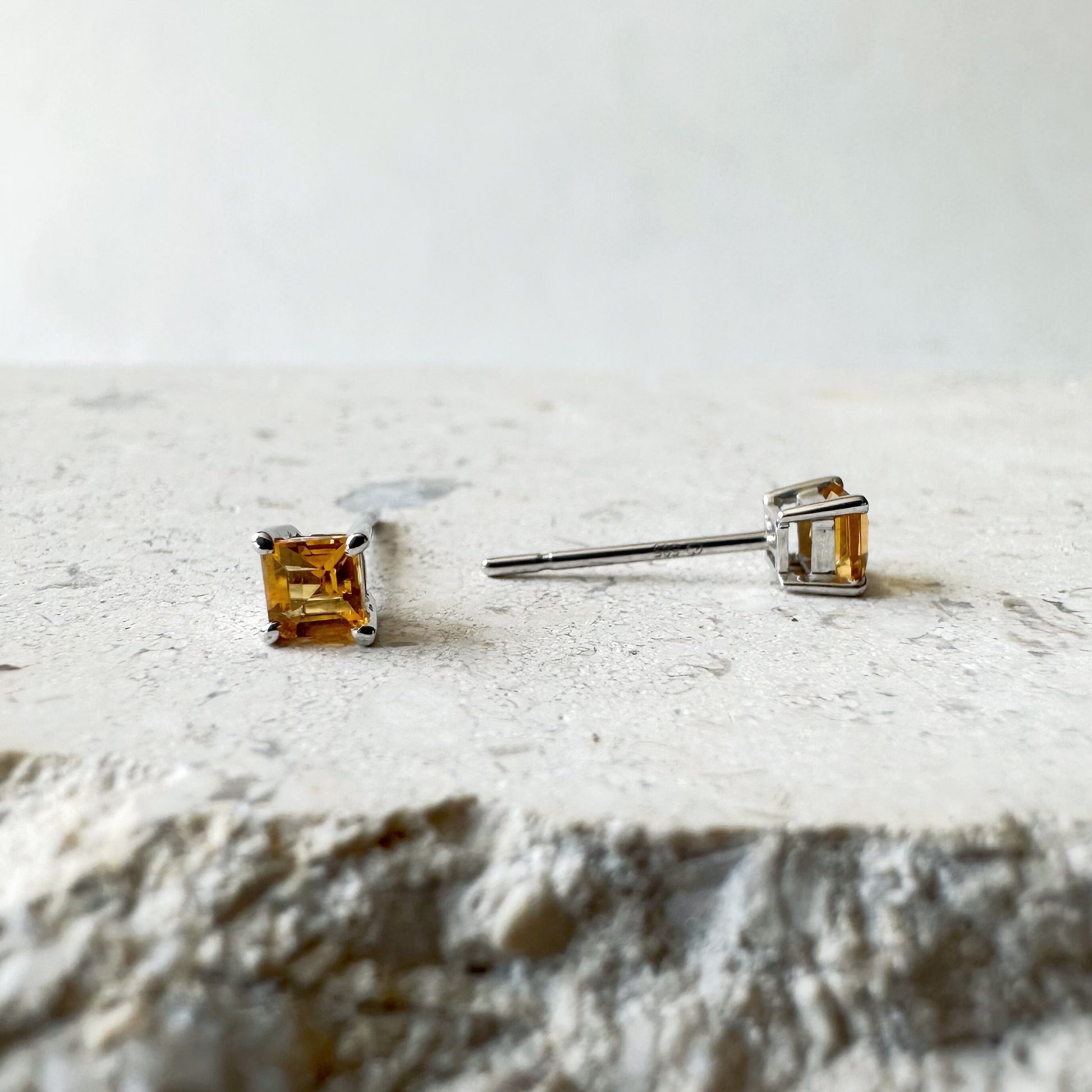 14K Solid Gold Genuine Citrine Square Studs/Pair