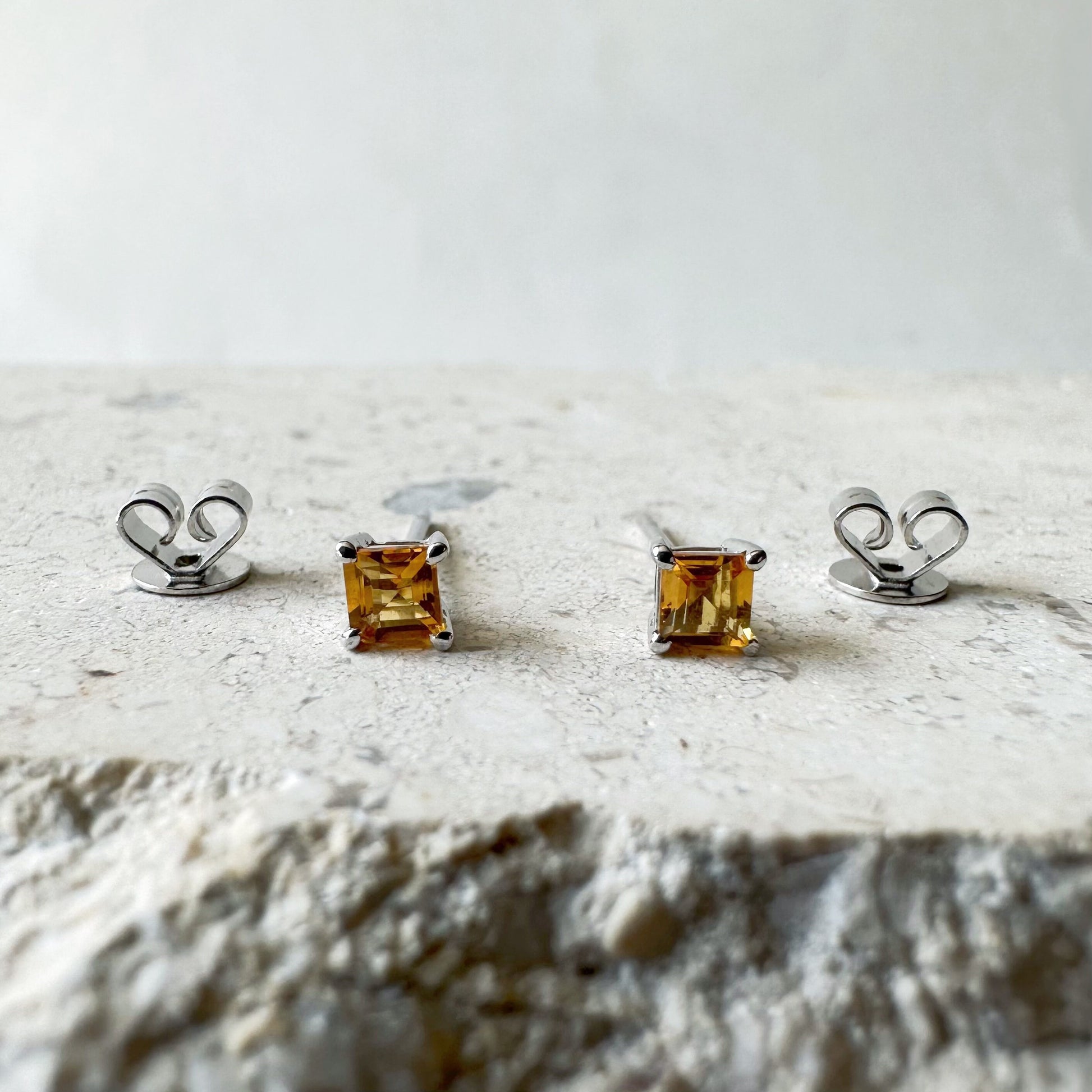 14K Solid Gold Genuine Citrine Square Studs/Pair