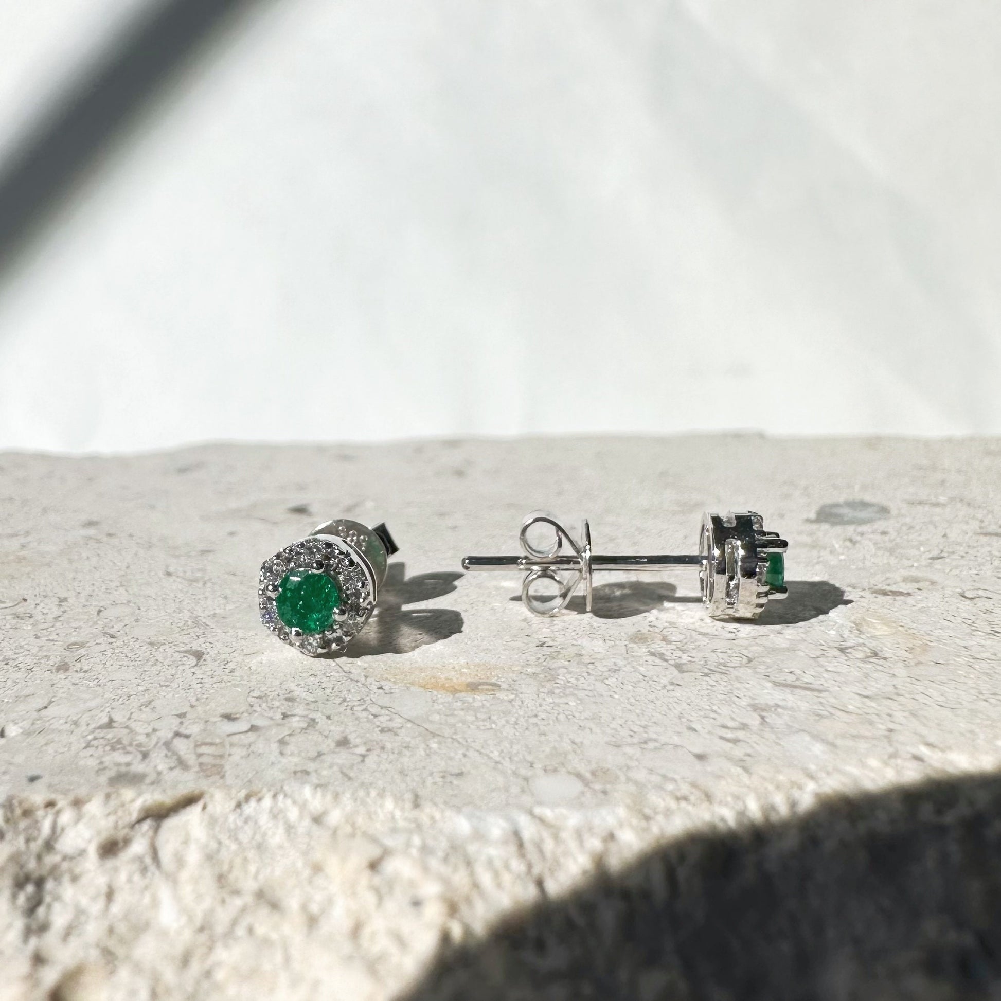 14K Solid Gold Genuine Emerald and Diamond Round Studs/Pair