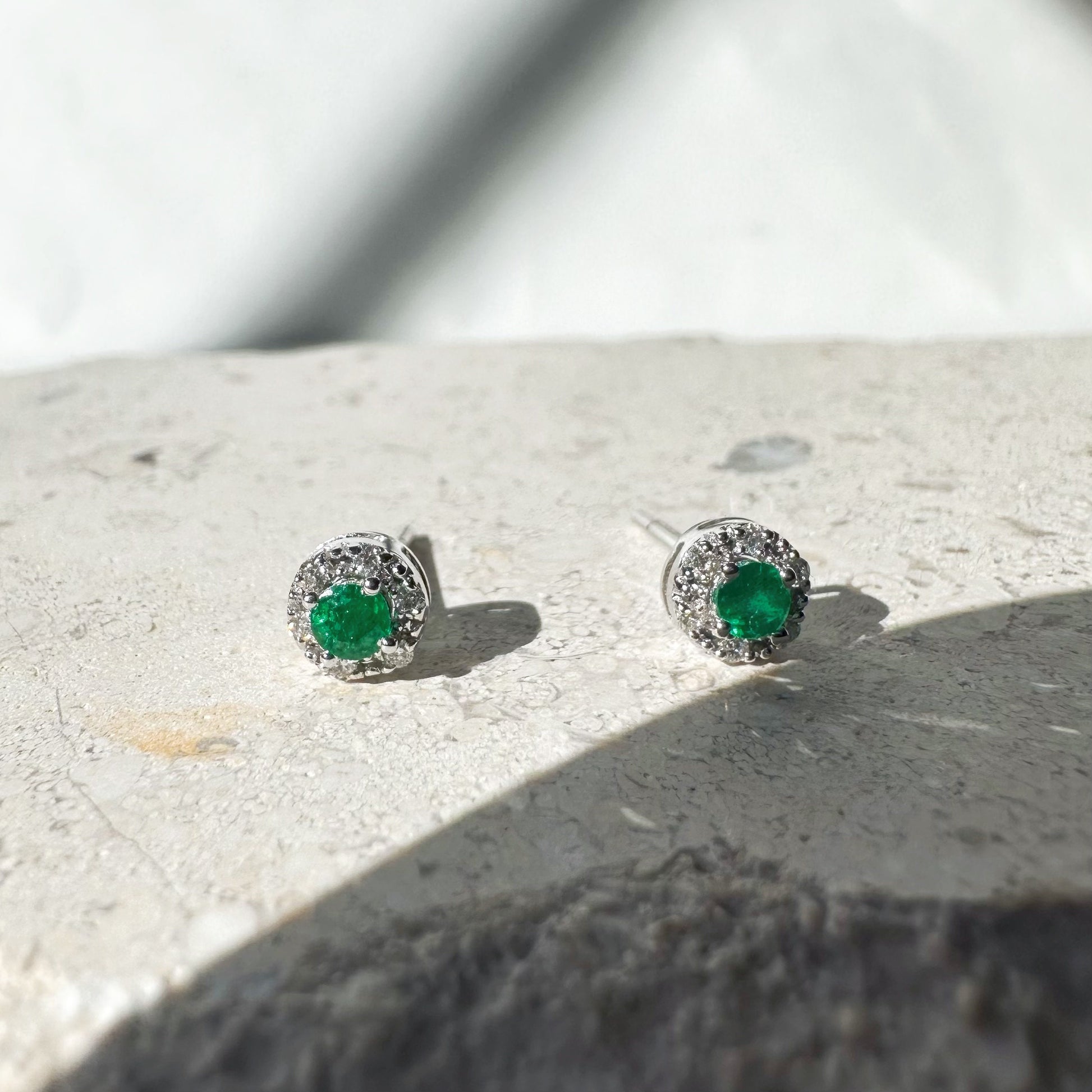 14K Solid Gold Genuine Emerald and Diamond Round Studs/Pair