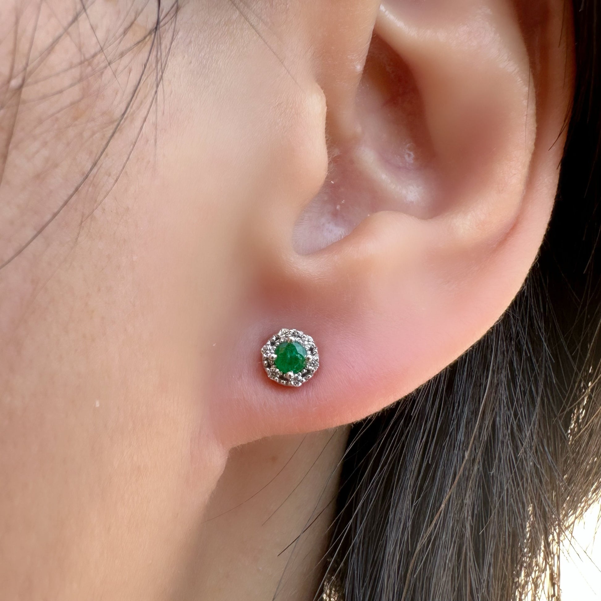 14K Solid Gold Genuine Emerald and Diamond Round Studs/Pair
