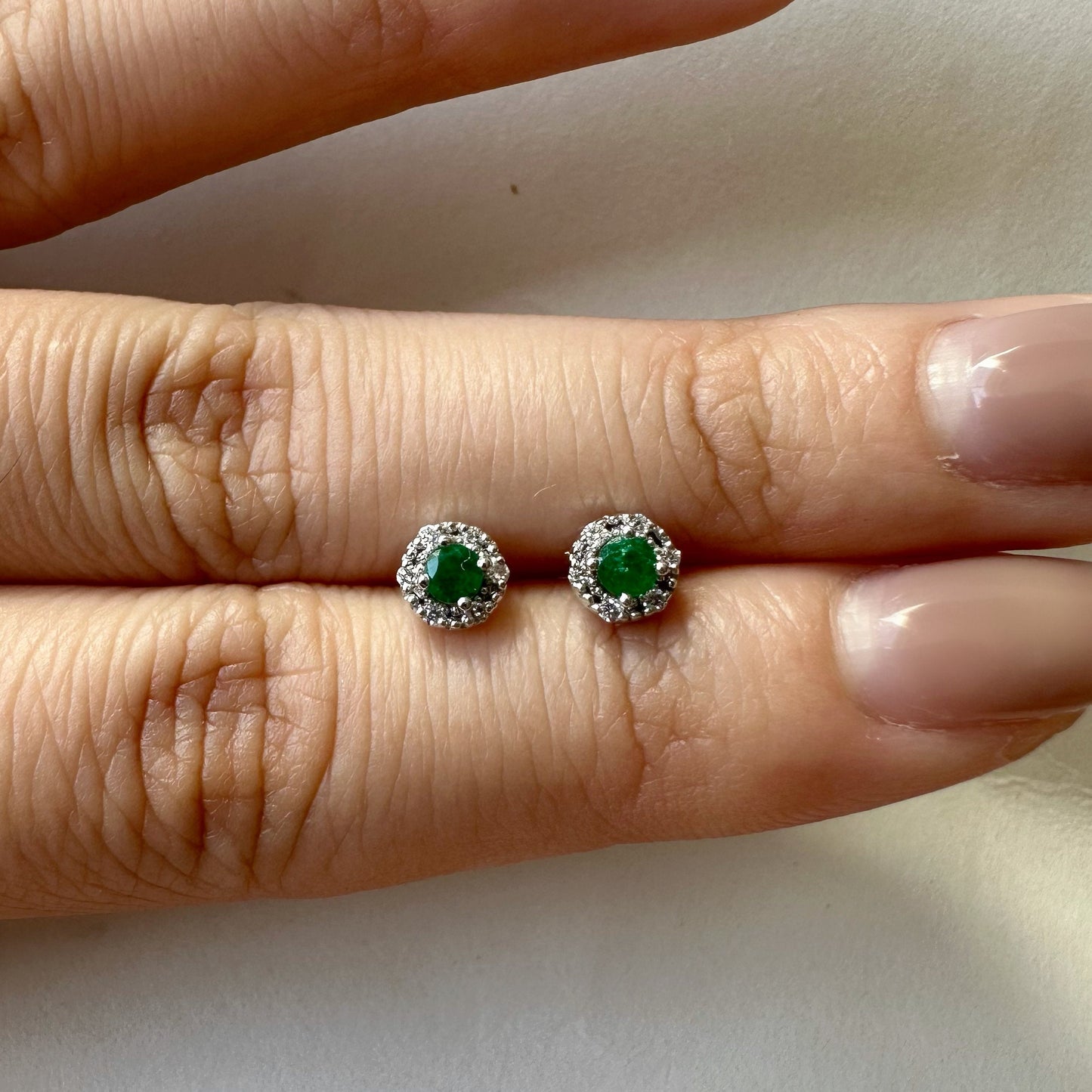 14K Solid Gold Genuine Emerald and Diamond Round Studs/Pair