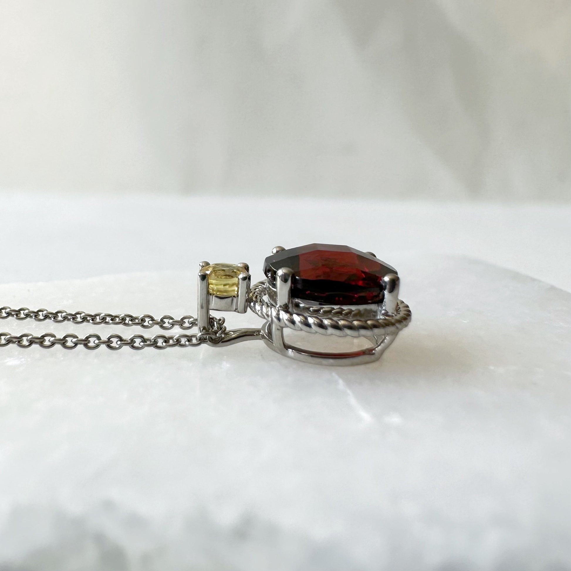 14K Solid Gold Genuine Cushion Cut Garnet and Yellow Sapphire Necklace