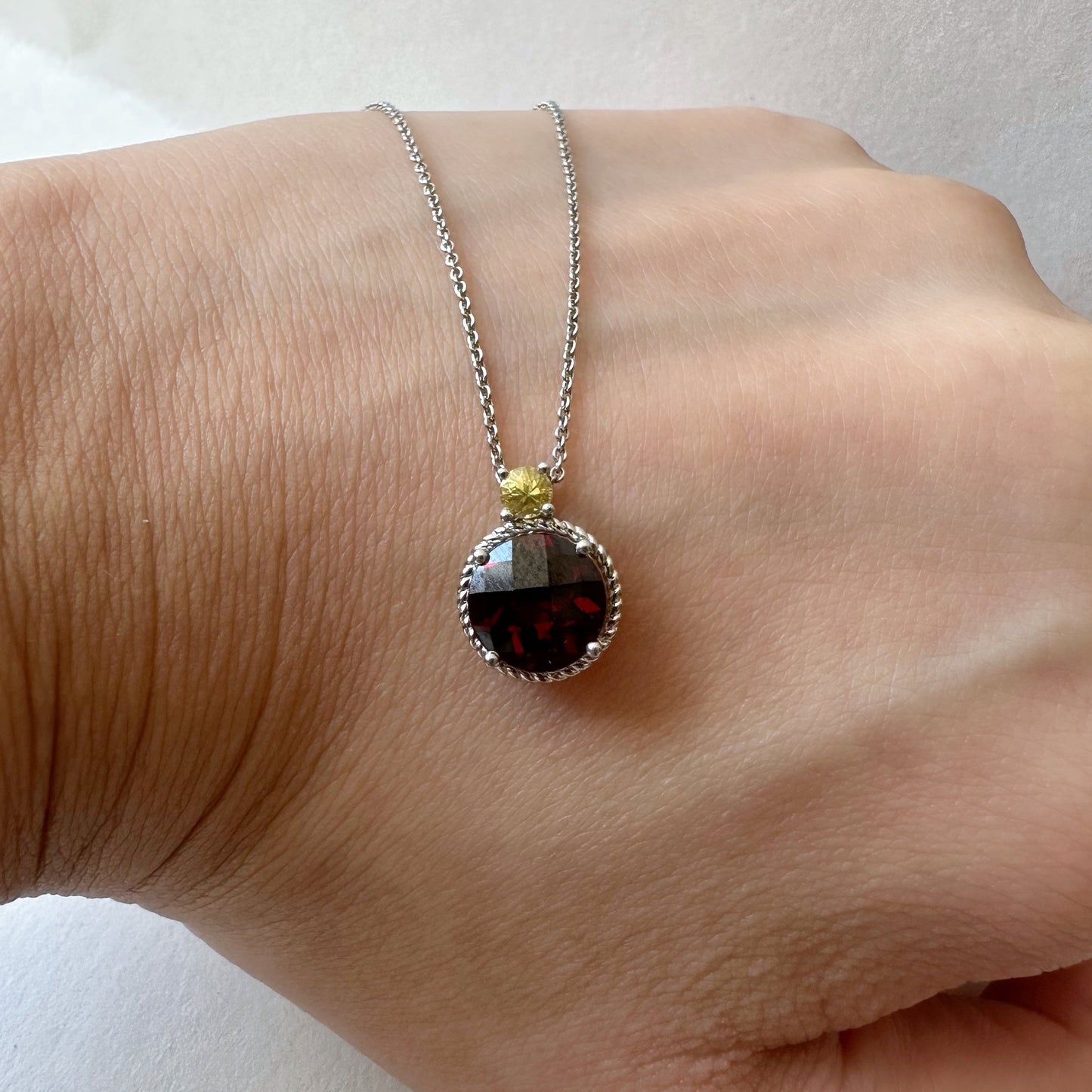 14K Solid Gold Genuine Cushion Cut Garnet and Yellow Sapphire Necklace