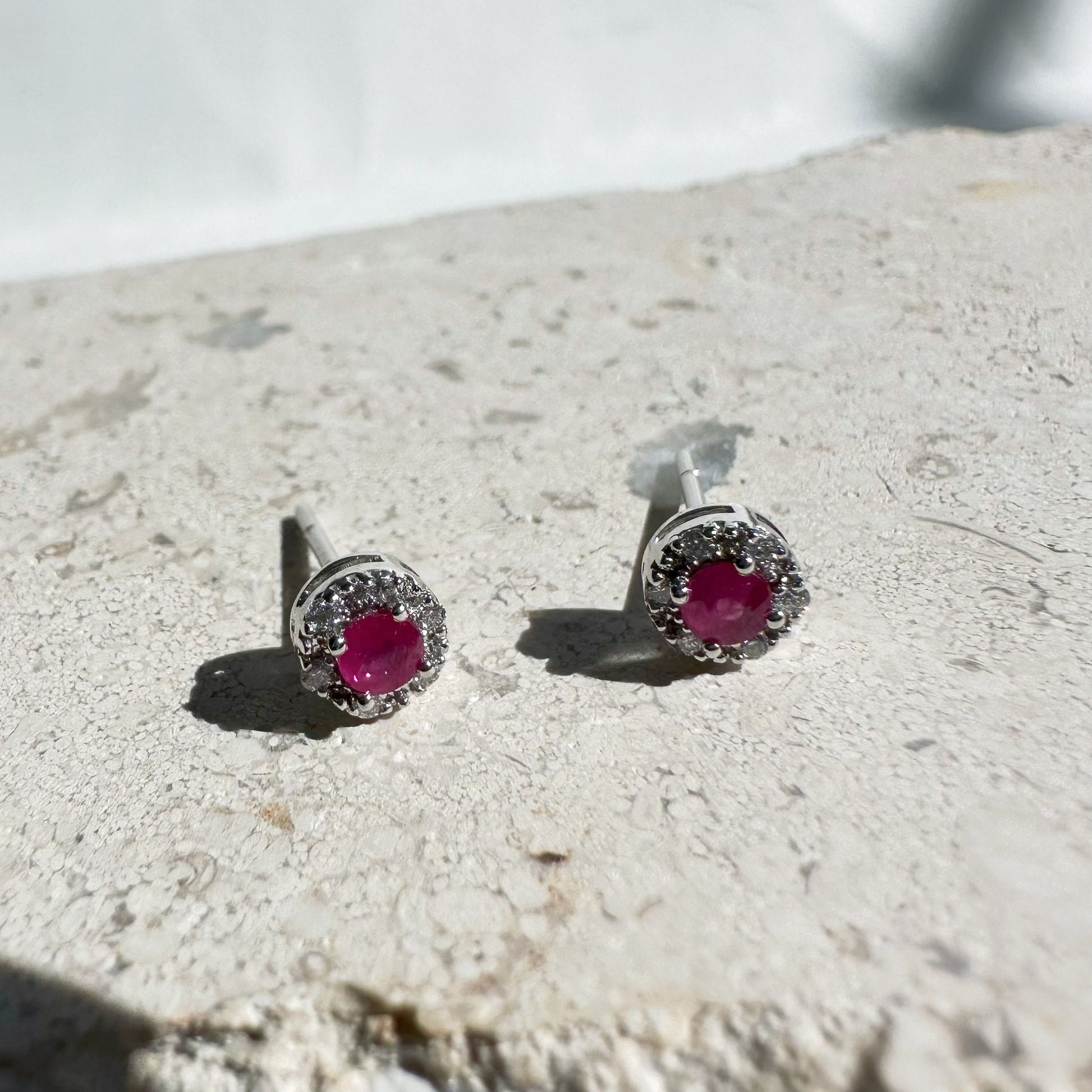 14K Solid Gold Genuine Diamond and Ruby Halo Studs/Pair