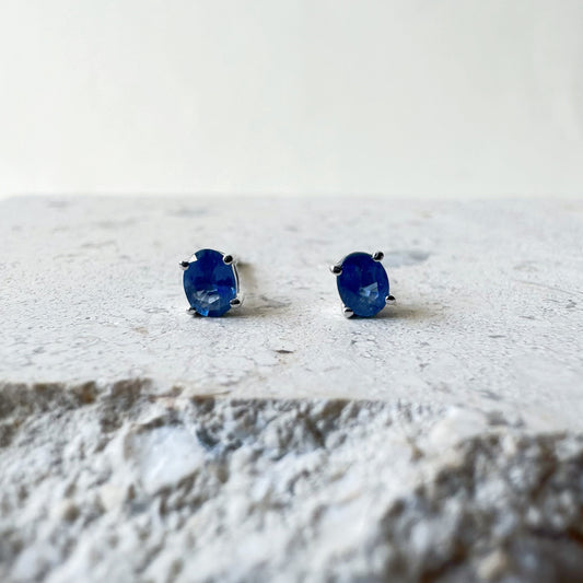 14K Solid Gold Genuine Ceylon Oval Sapphire Studs/Pair