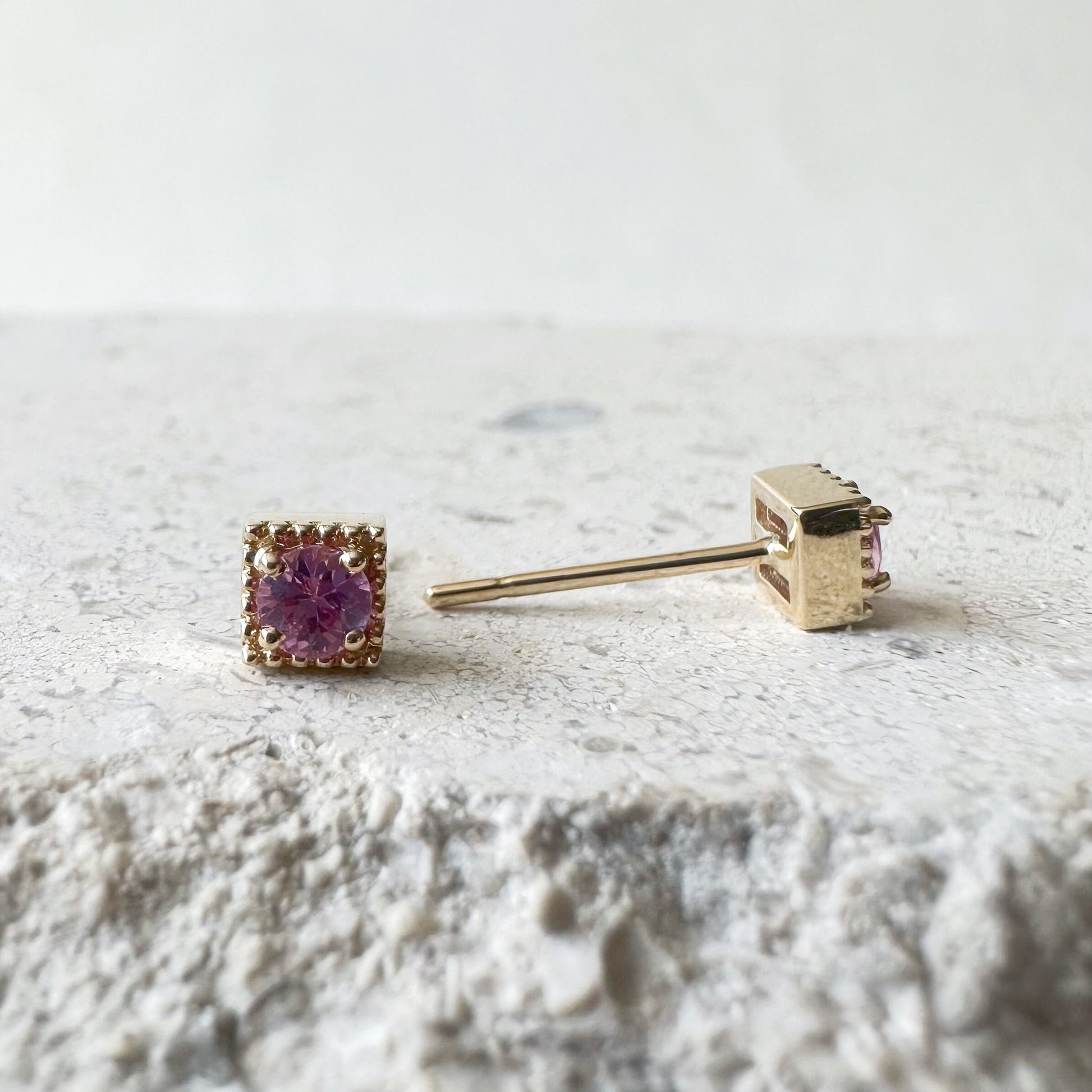 14K Solid Gold Genuine Pink Sapphire Square Studs/Pair