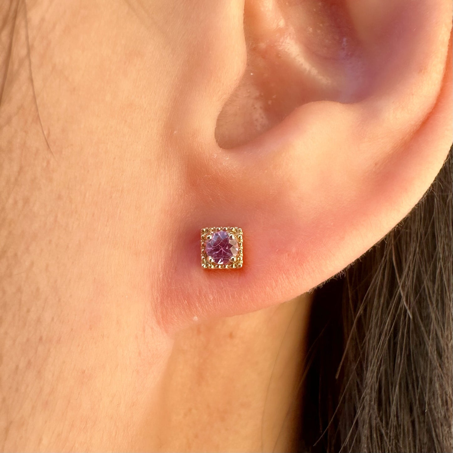 14K Solid Gold Genuine Pink Sapphire Square Studs/Pair