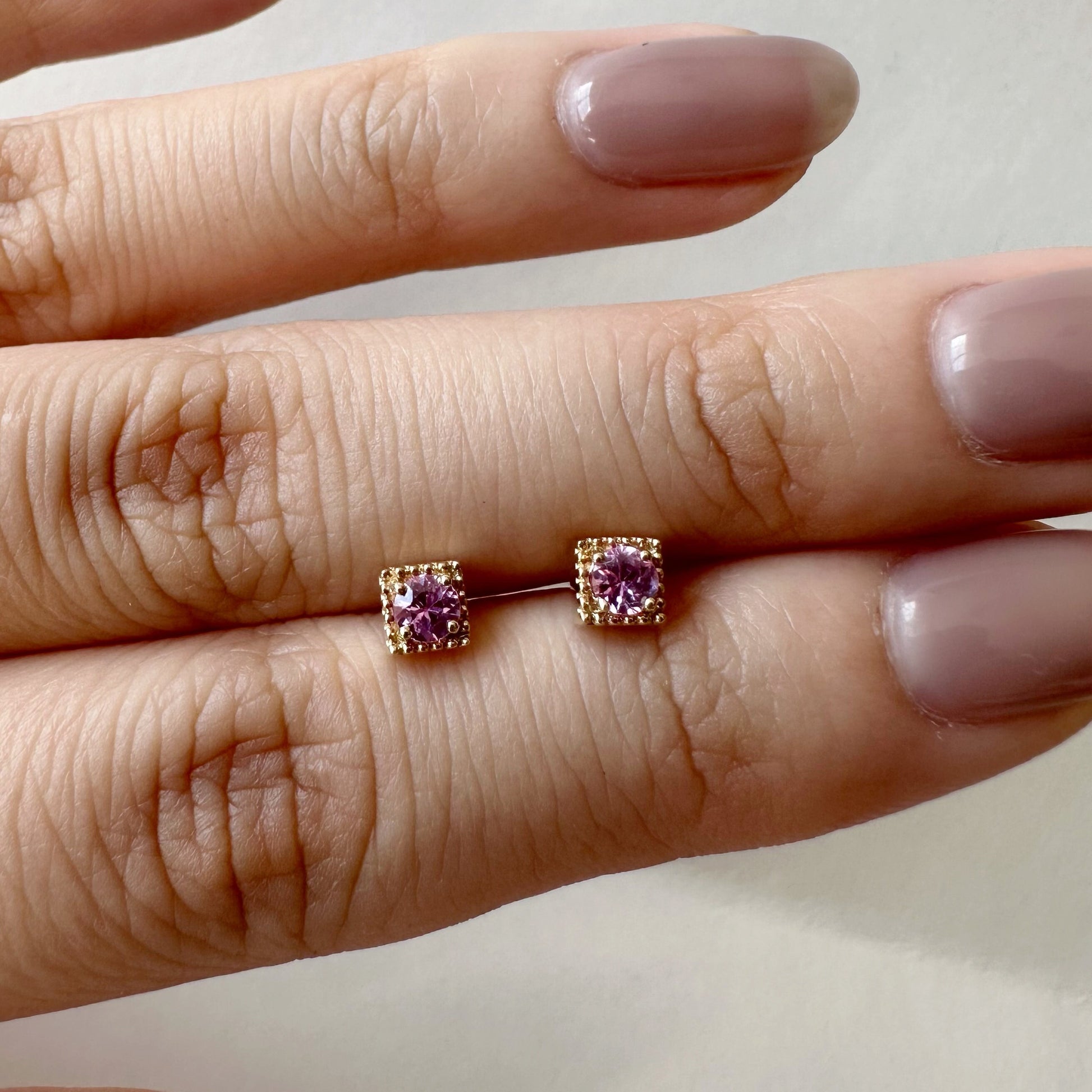 14K Solid Gold Genuine Pink Sapphire Square Studs/Pair