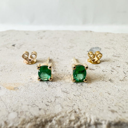 14K Solid Gold Genuine Emerald Studs