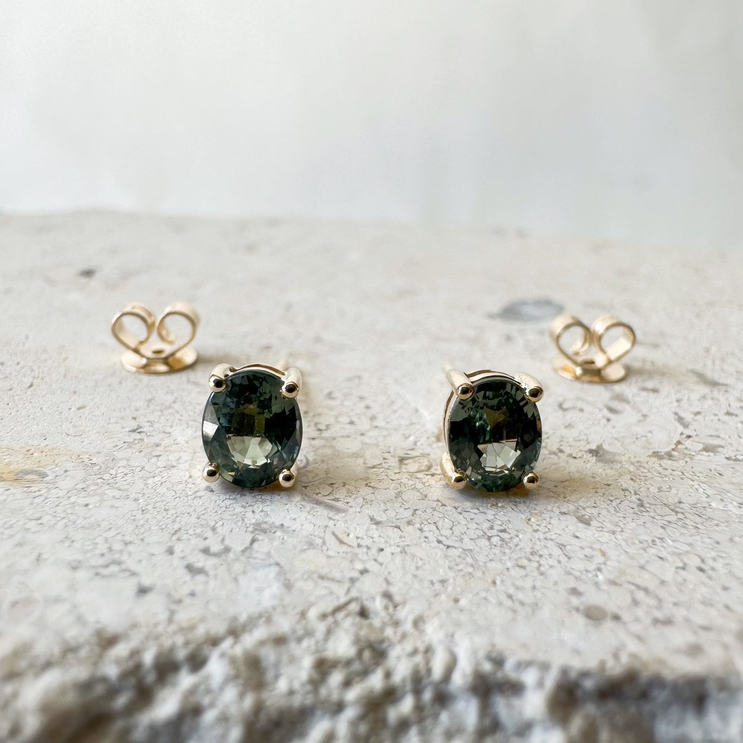 14K Solid Gold Genuine Green Sapphire Oval Studs/Pair