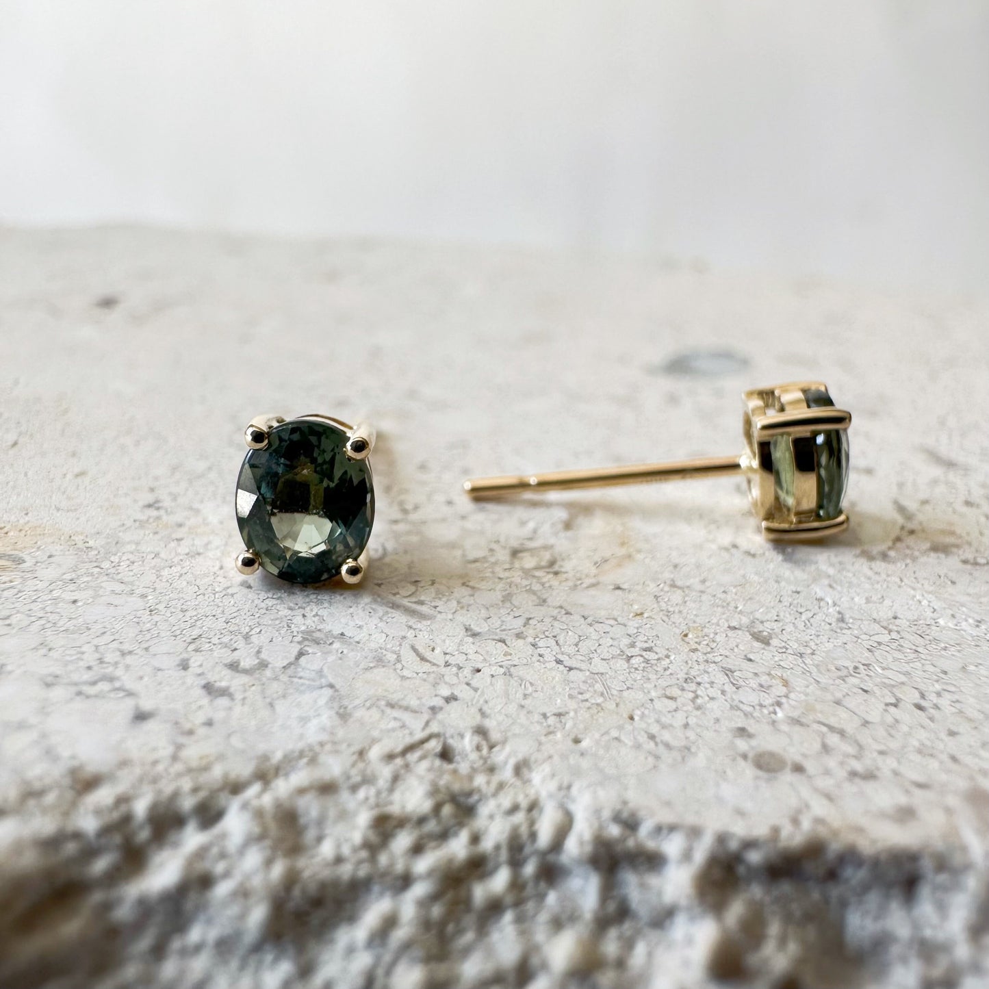 14K Solid Gold Genuine Green Sapphire Oval Studs/Pair