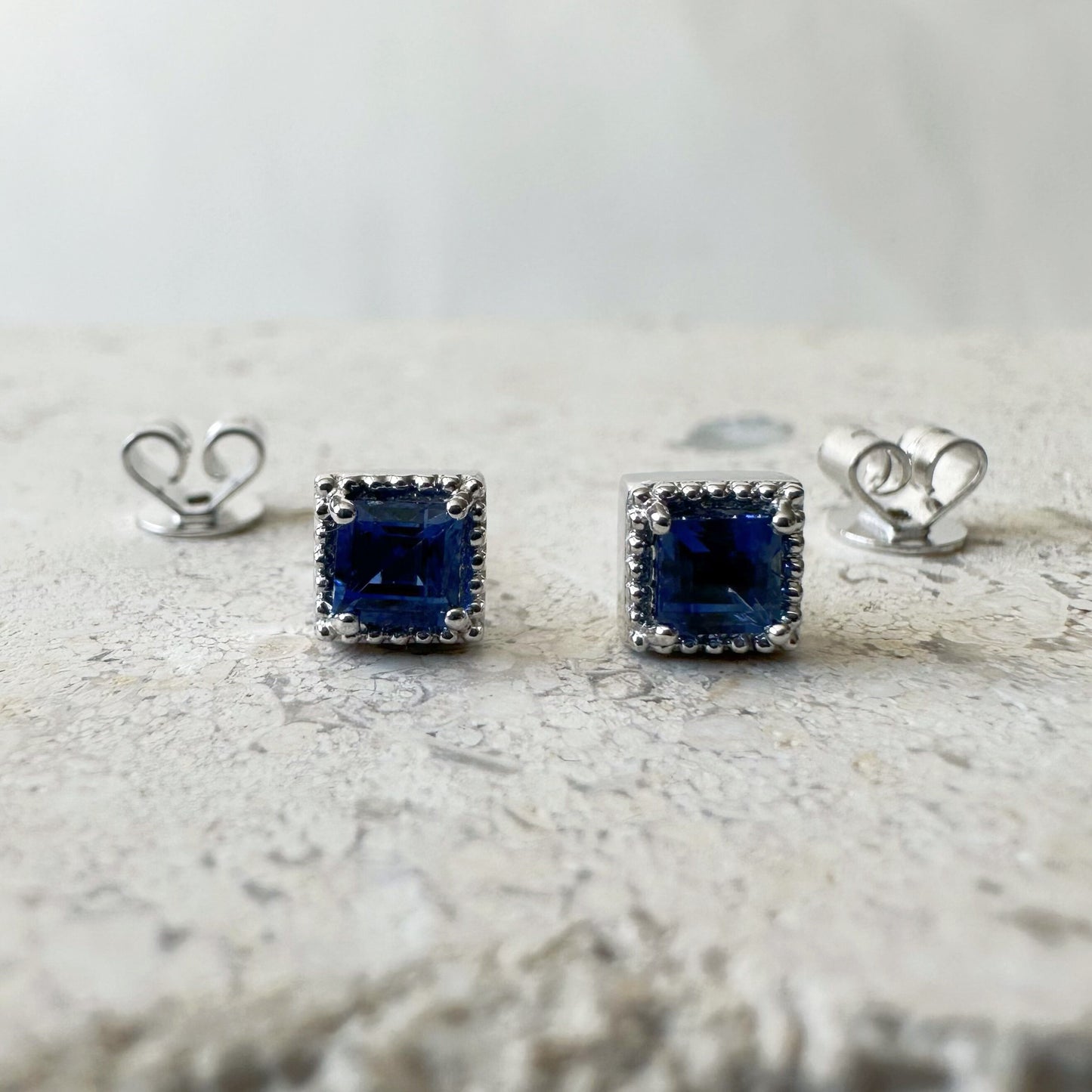 14K Solid Gold Genuine Sapphire Square Fancy Studs/Pair