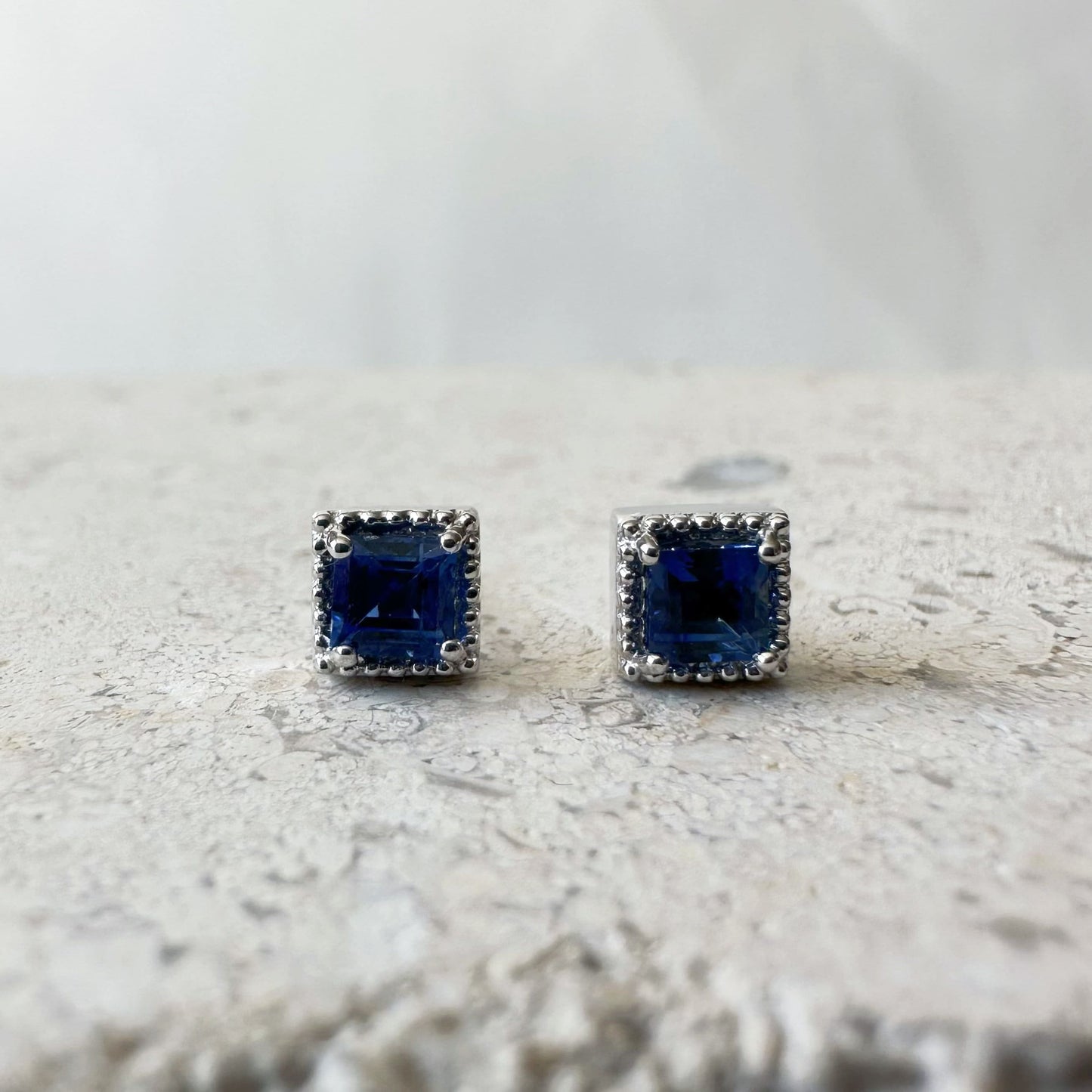 14K Solid Gold Genuine Sapphire Square Fancy Studs/Pair