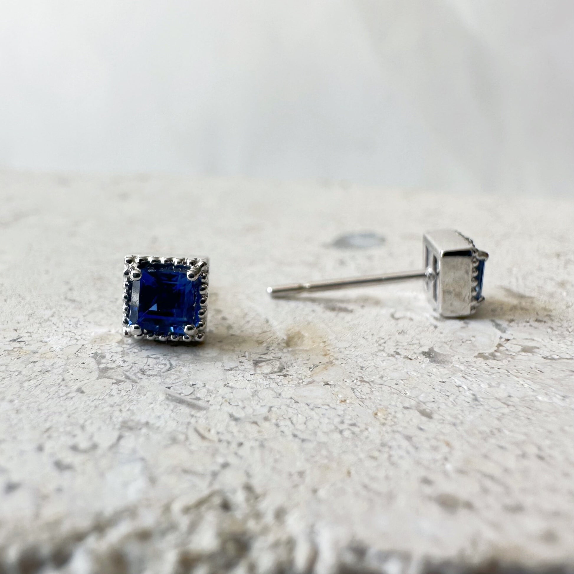 14K Solid Gold Genuine Sapphire Square Fancy Studs/Pair