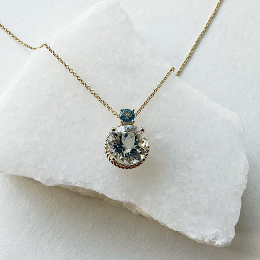 14K Solid Gold Genuine Aquamarine and Blue Topaz Necklace