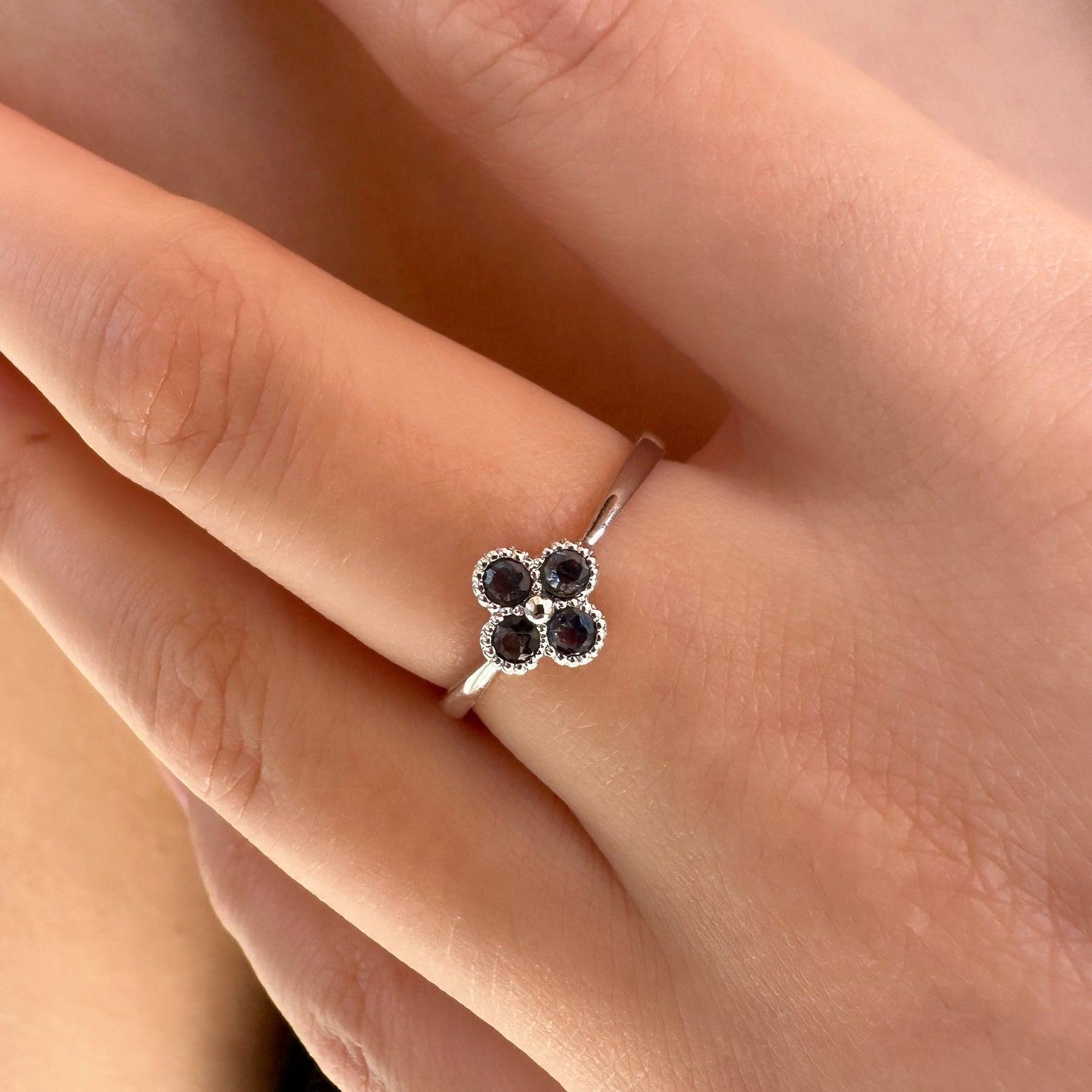 14K Solid Gold Genuine Sapphire Clover Ring