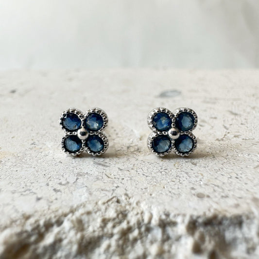 14K Solid Gold Genuine Sapphire Clover Studs/Pair