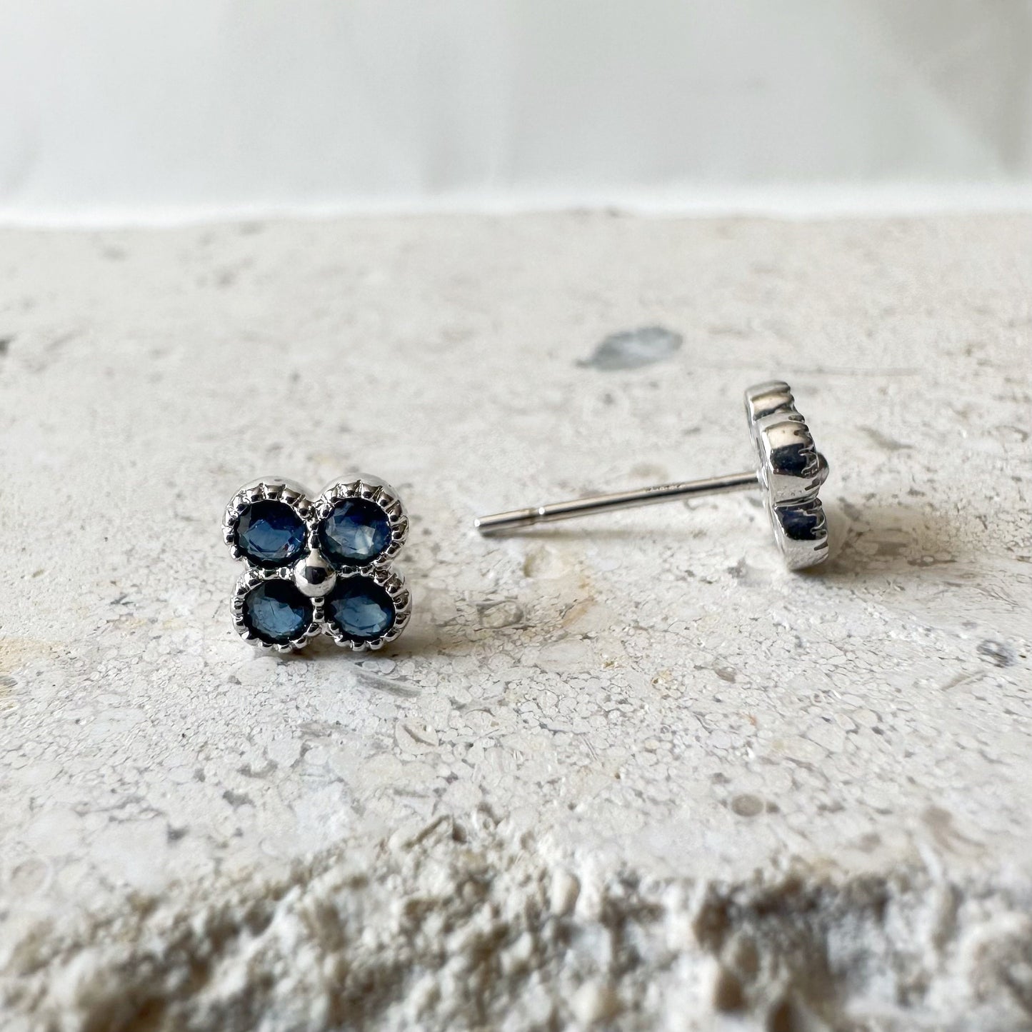 14K Solid Gold Genuine Sapphire Clover Studs/Pair