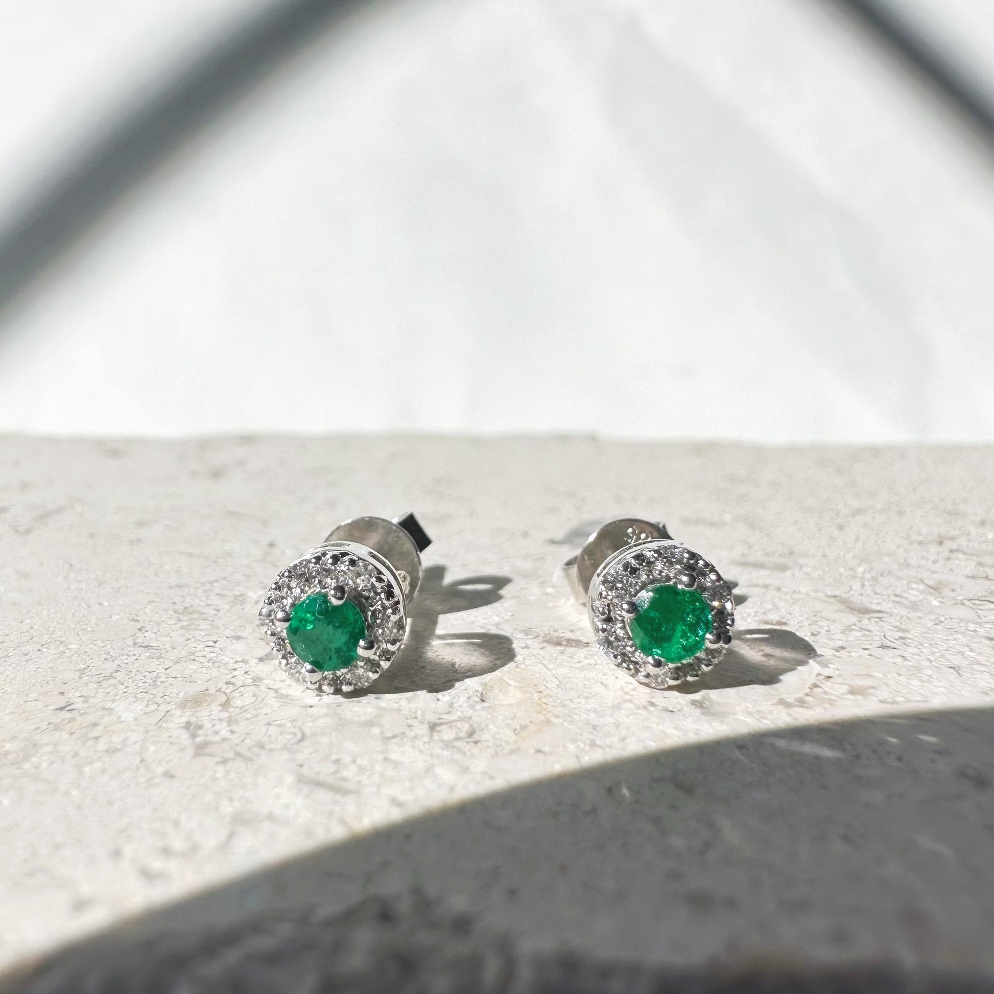 14K Solid Gold Genuine Emerald and Diamond Round Studs/Pair