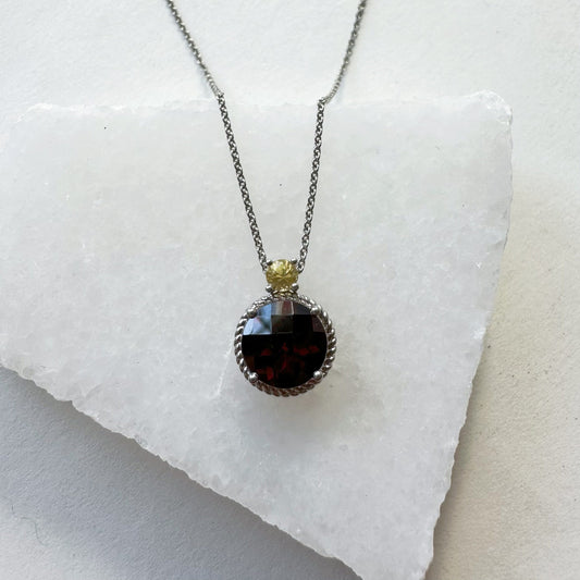 14K Solid Gold Genuine Cushion Cut Garnet and Yellow Sapphire Necklace